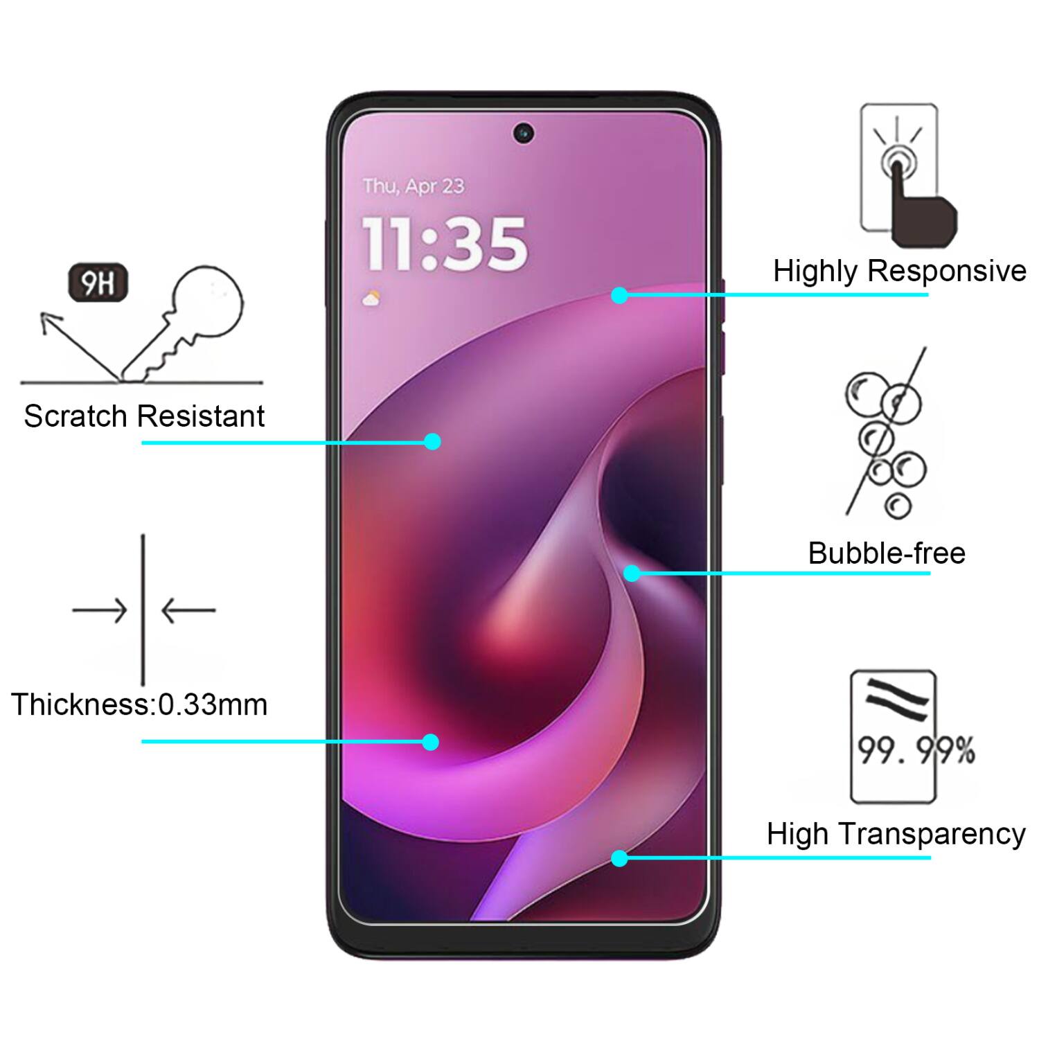 9H  
Thu, Apr 23 11:35  
Highly Responsive  
Scratch Resistant  
Bubble-free  
Thickness: 0.33mm  
99.99% High Transparency