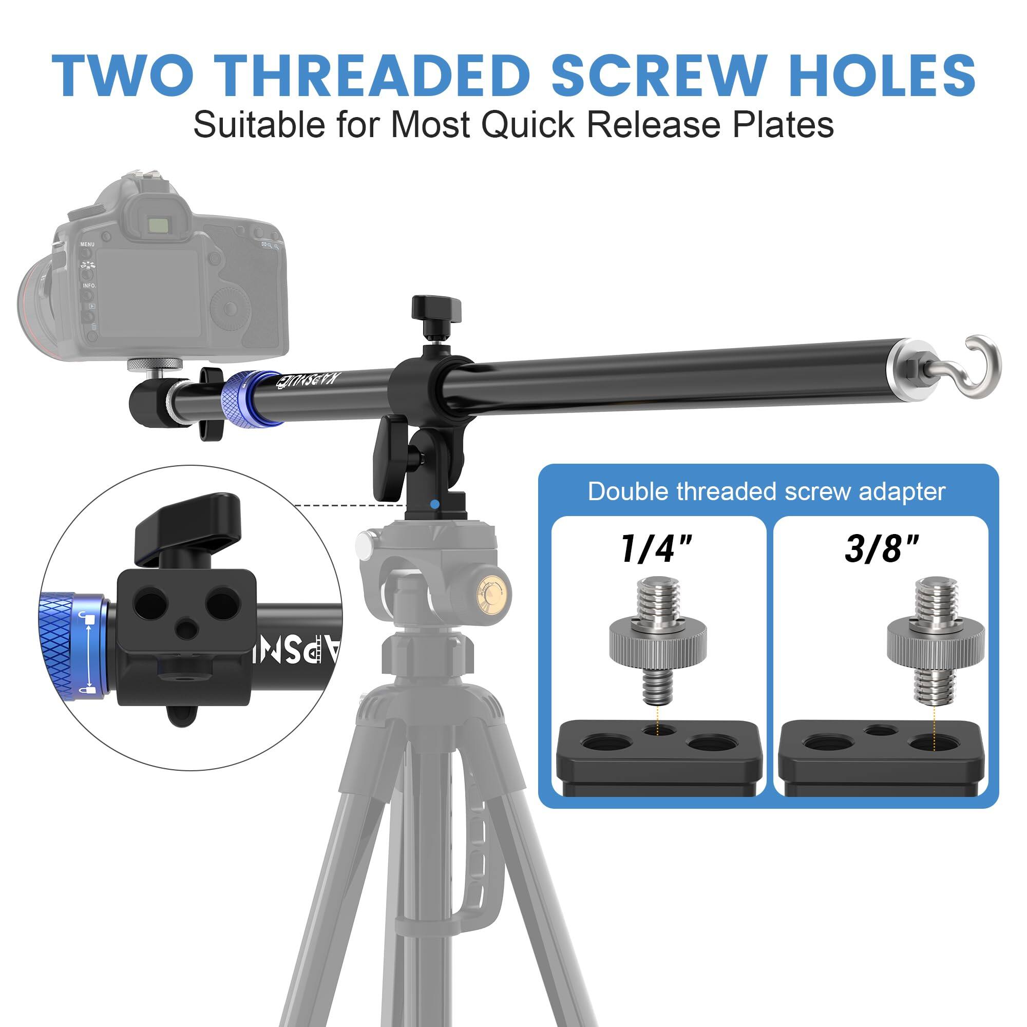TWO THREADED SCREW HOLES  
Suitable for Most Quick Release Plates  

Double threaded screw adapter  
1/4"  
3/8"