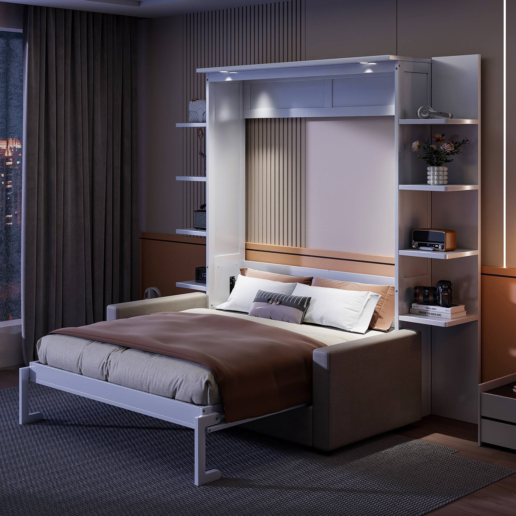 Left. Tiramisubest - Queen Size Murphy Wall Bed with Sofa, White, 87" L x 90" W x 88" H, 332 lbs, Space-Saving - White.