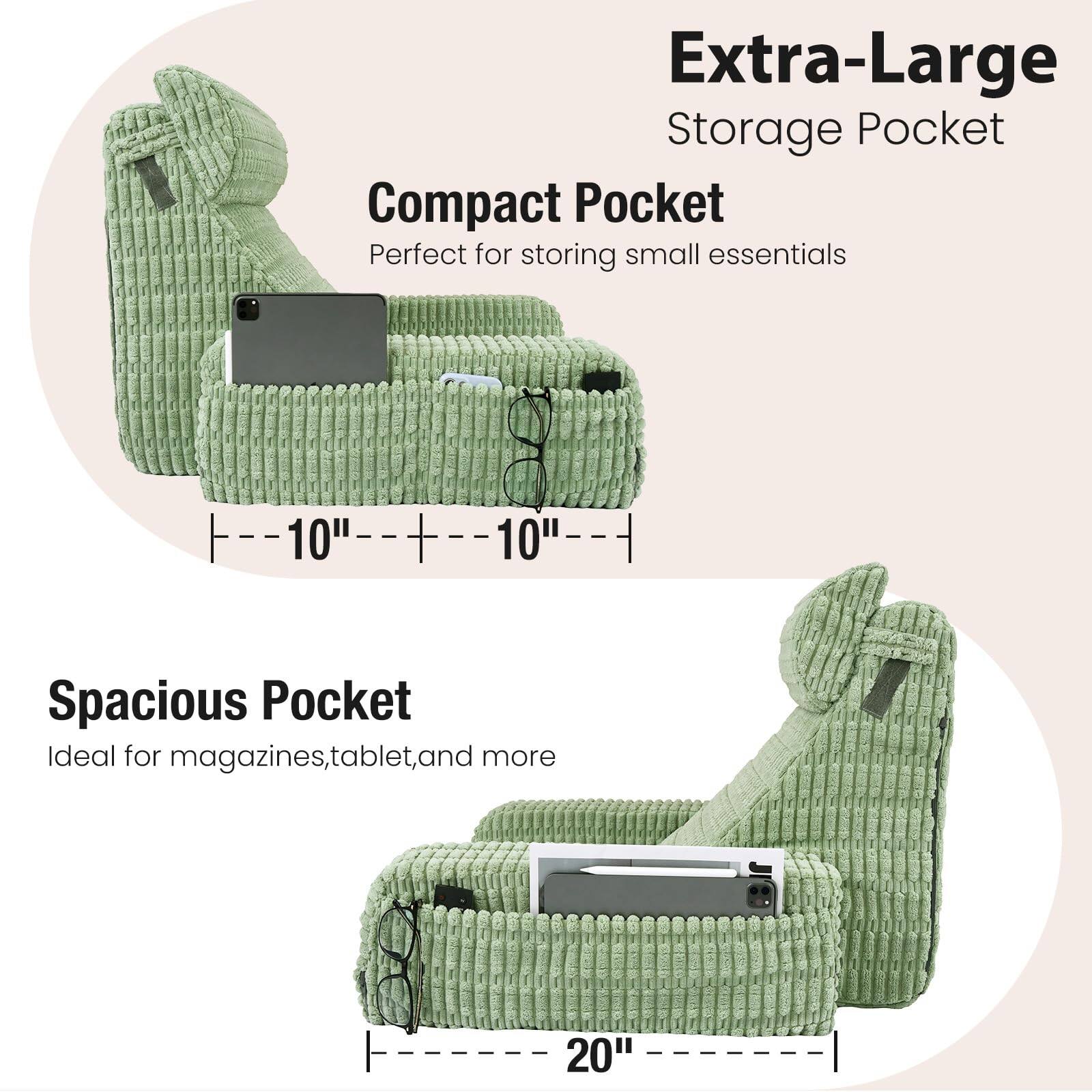 Extra-Large Storage Pocket

Compact Pocket  
Perfect for storing small essentials  
10" + 10"

Spacious Pocket  
Ideal for magazines, tablet, and more  
20"