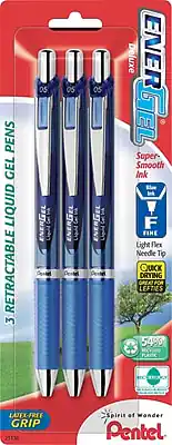 Deluxe ENERGEL
3 RETRACTABLE GEL PENS
Super-Smooth Ink
Light Flex Needle Tip
F (Fine)
QUICK DRYING
GREAT FOR LEFTIES
54% RECYCLED PLASTIC
LATEX-FREE GRIP
SPIRIT OF WONDER
Pentel
23138