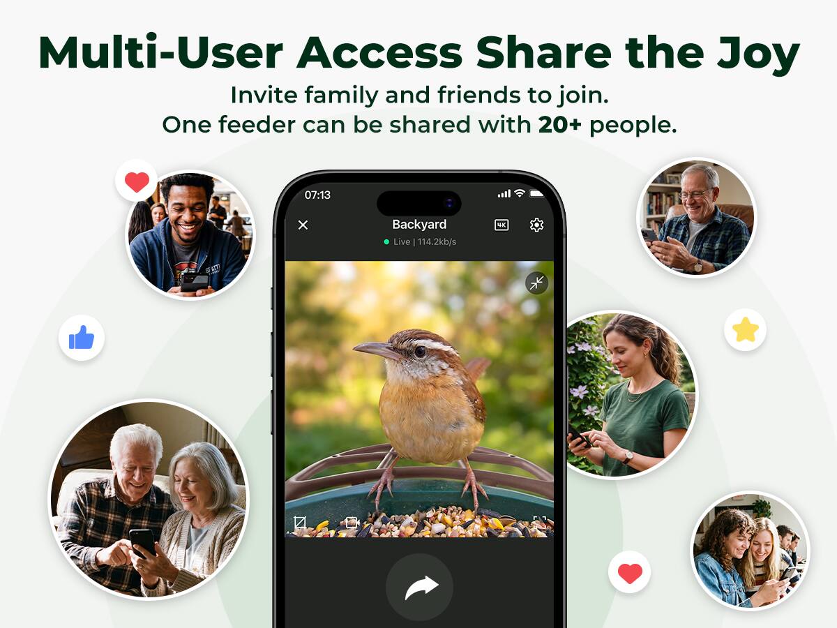 Multi-User Access Share the Joy  
Invite family and friends to join.  
One feeder can be shared with 20+ people.  

07:13 x Backyard Live | 114.2kb/s
