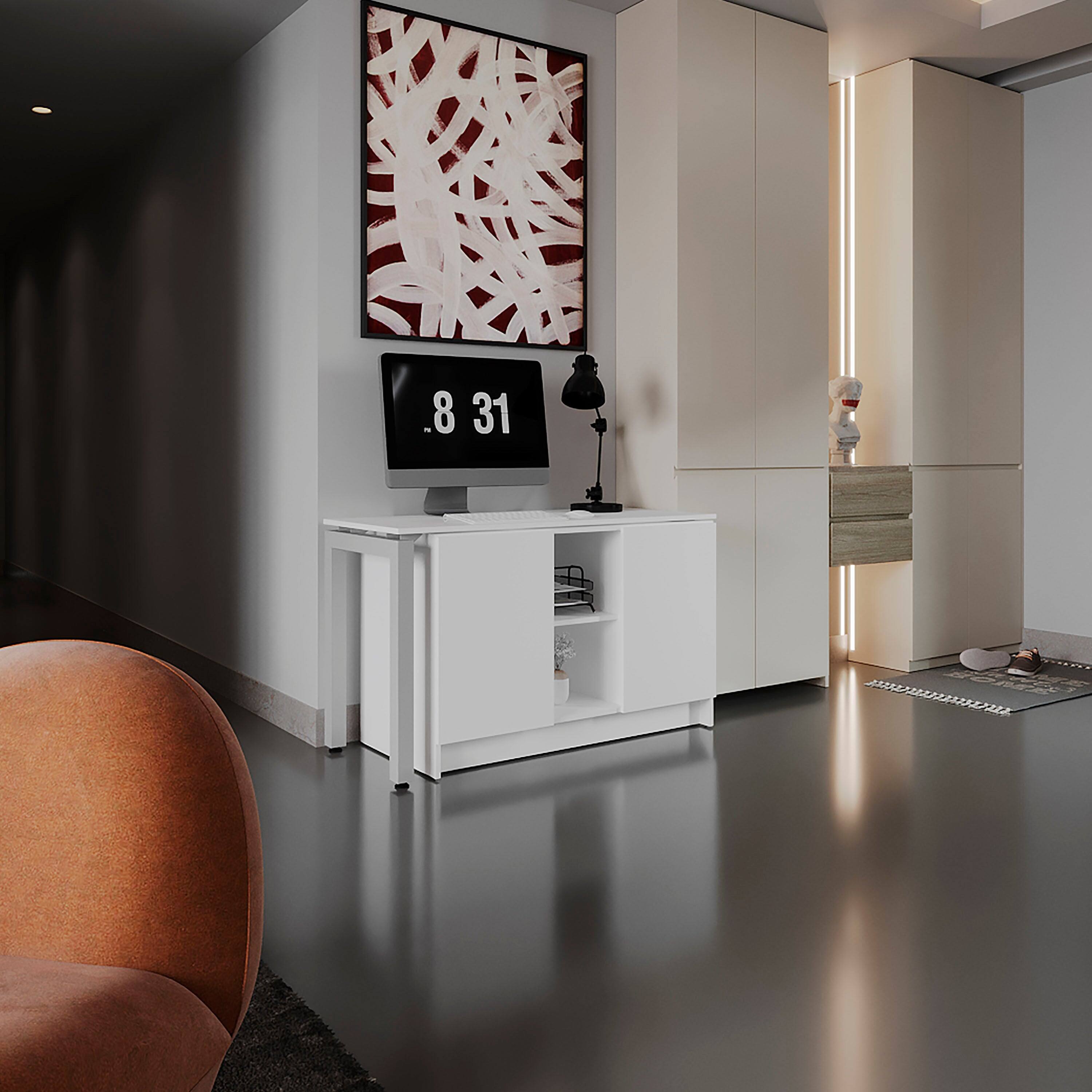 Front. TuHome - Alfie Rotable Desk 72-Inch Wide, Adjustable Workstation In Two Directions with Storage Compartments, For Home Office. - White.