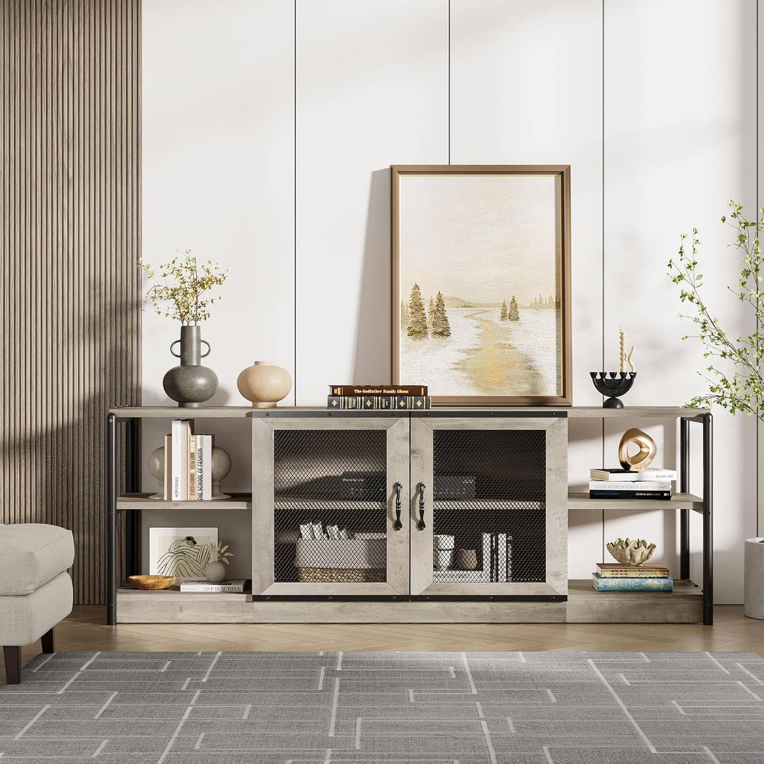 Acekool - Farmhouse TV Stand for 65–75" TVs, Rustic Wood Cabinet with 2 Mesh Doors, Vintage Console - ‎Grey