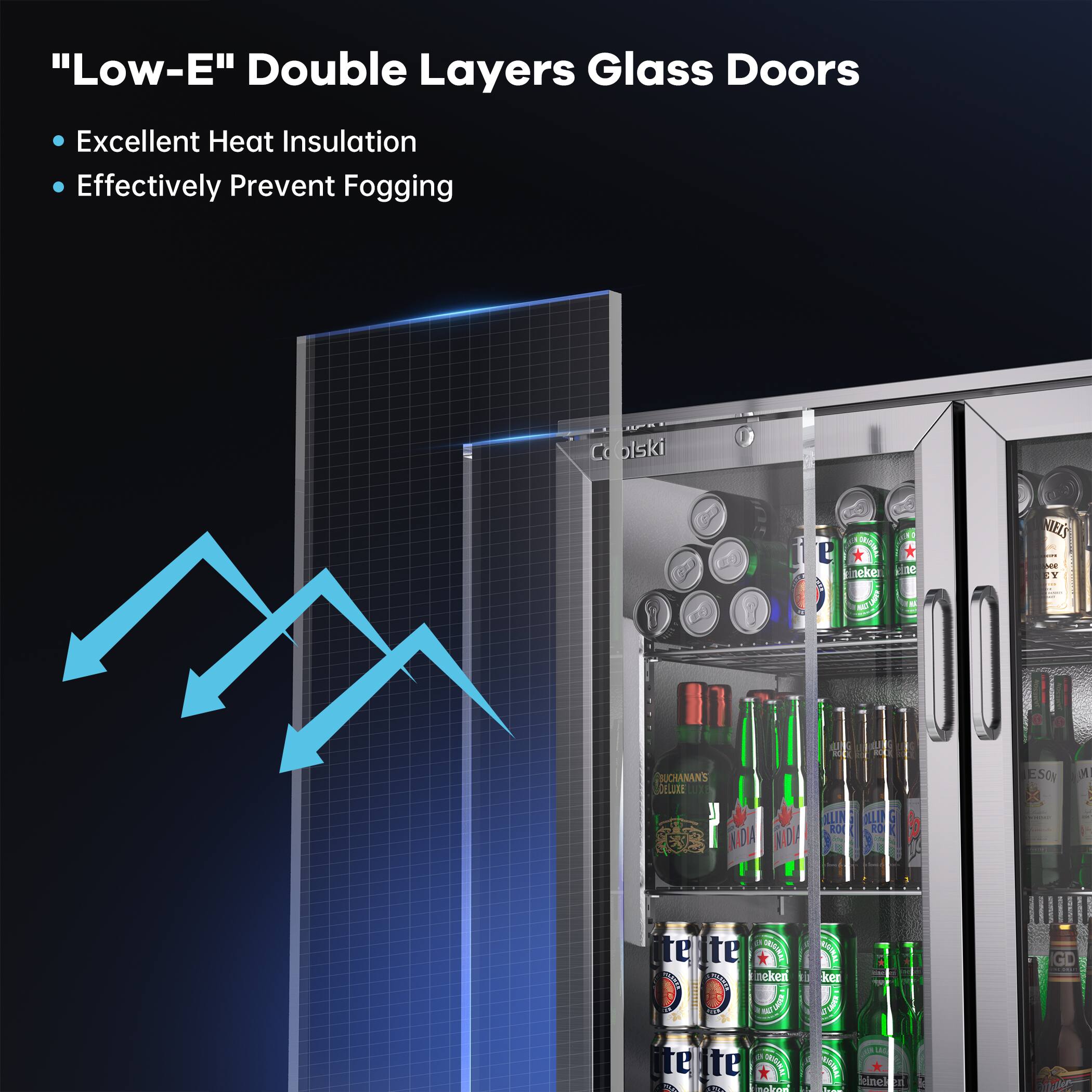 "Low-E" Double Layers Glass Doors

- Excellent Heat Insulation
- Effectively Prevent Fogging