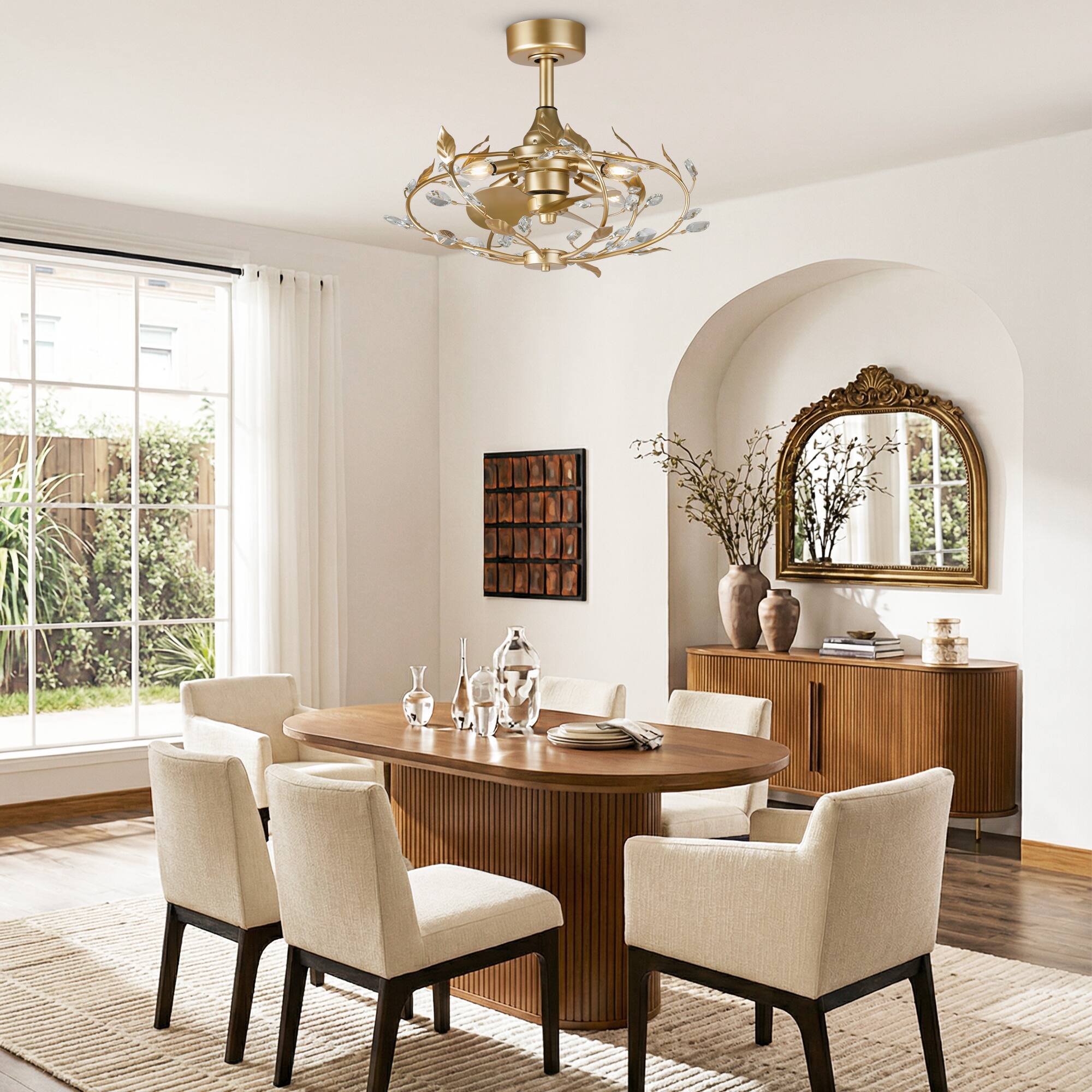 Back. Parrot Uncle - 24" French Elegant Gold Crystal Leaf Fandelier Ceiling Fan with Remote - Gold.