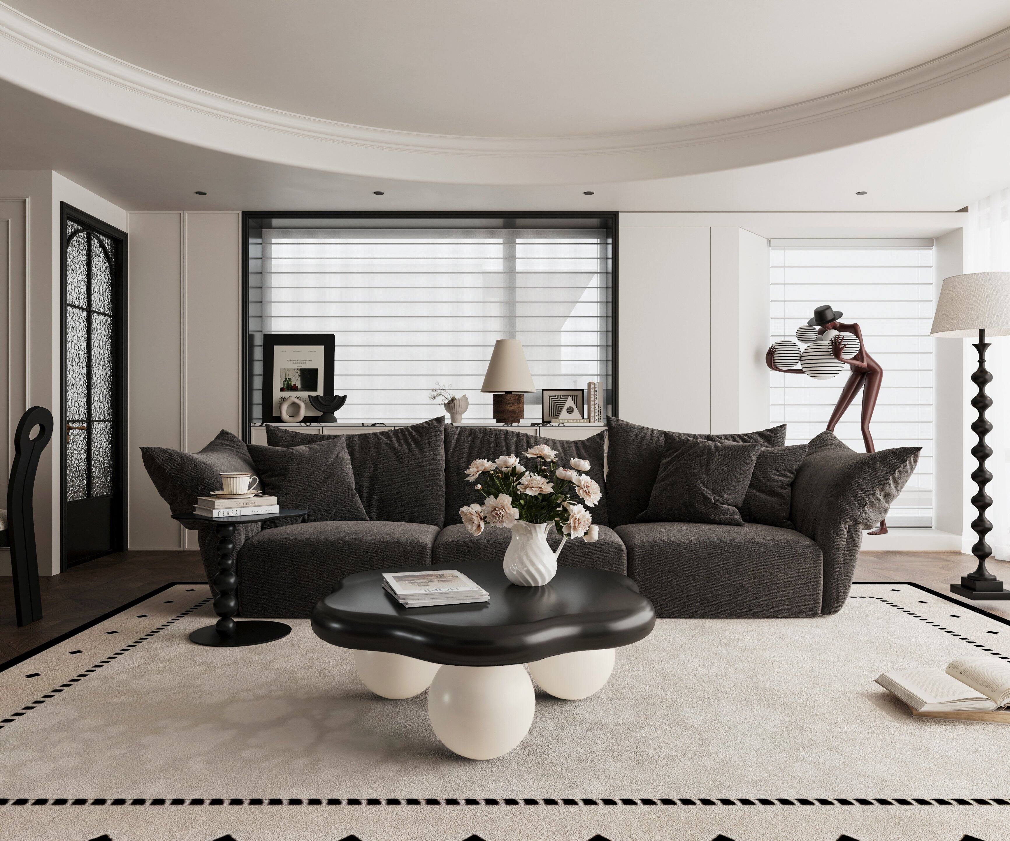 Alt View 2. Loheer - Loheer 35 Inch Cloud Shaped Coffee Table Modern Minimalist Petal Living Room Table Black Top White Spherical Legs - Black White.