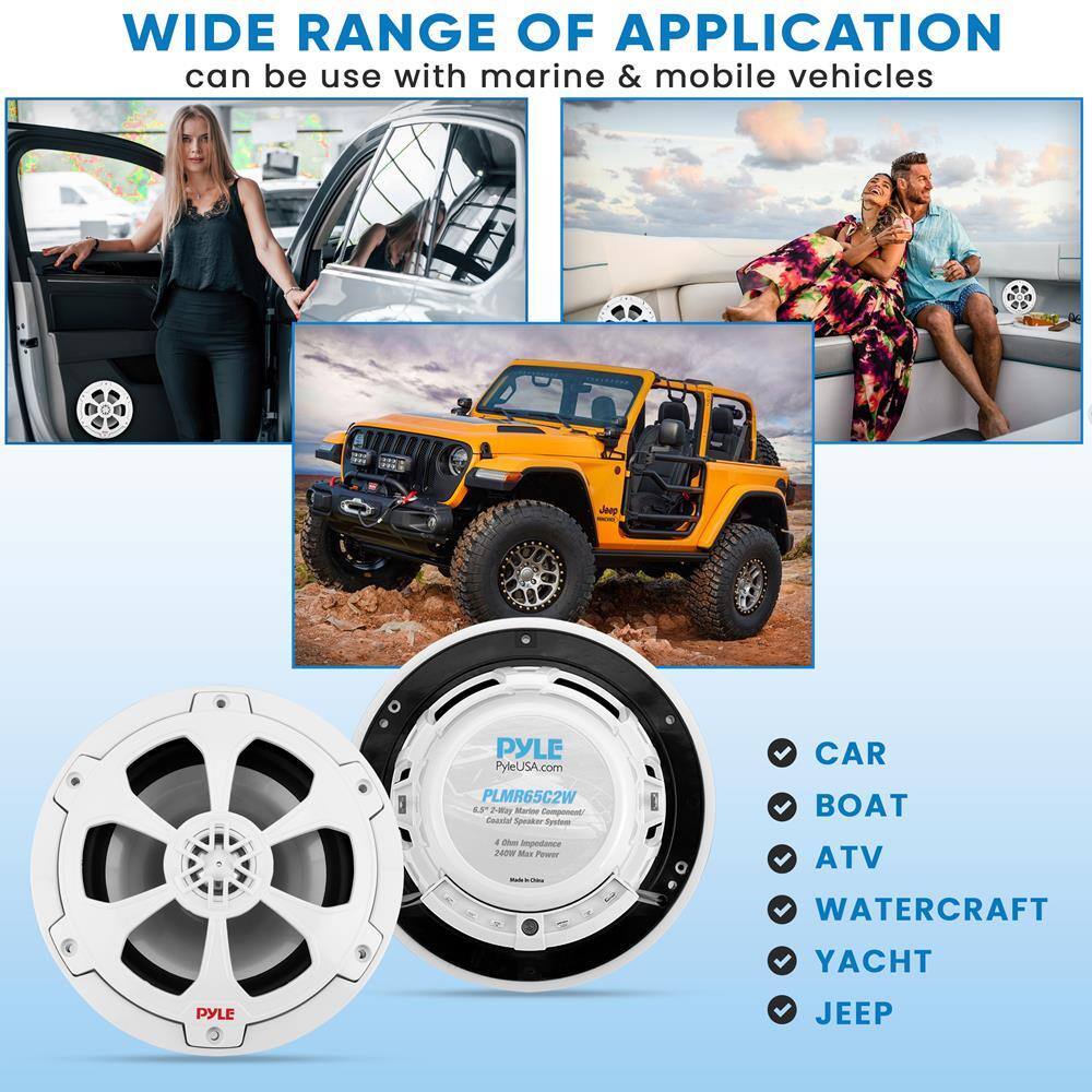 WIDE RANGE OF APPLICATION  
can be use with marine & mobile vehicles  

CAR  
BOAT  
ATV  
WATERCRAFT  
YACHT  
JEEP  

PYLE  
PyleUSA.com  
PLMR65C2W  
6.5" Marine Component Coupled Speaker  
4.5 - 8 Ohm Impedance  
200W Max Power  
Made in China