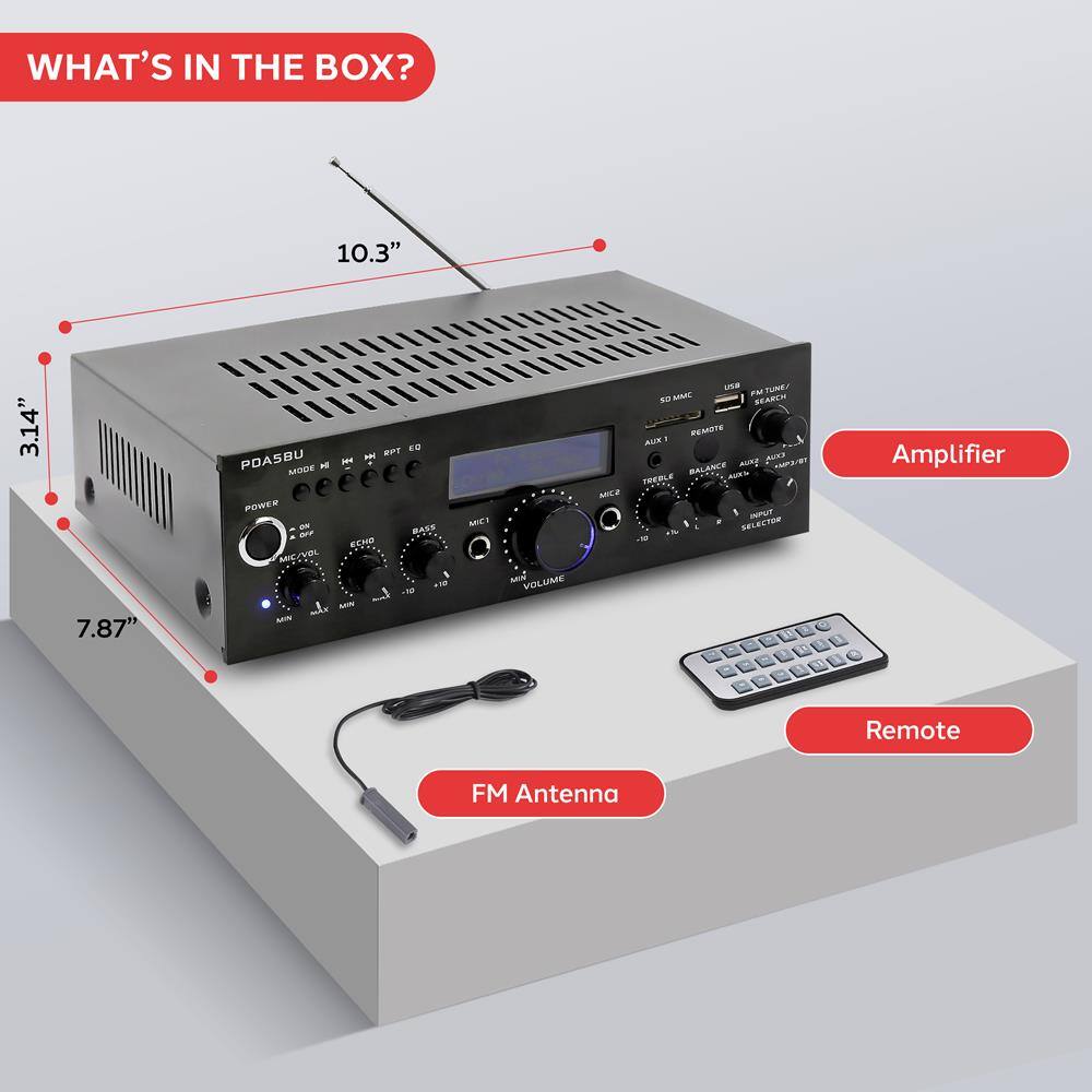 WHAT'S IN THE BOX?

- Amplifier
- FM Antenna
- Remote

10.3" x 3.14" x 7.87"