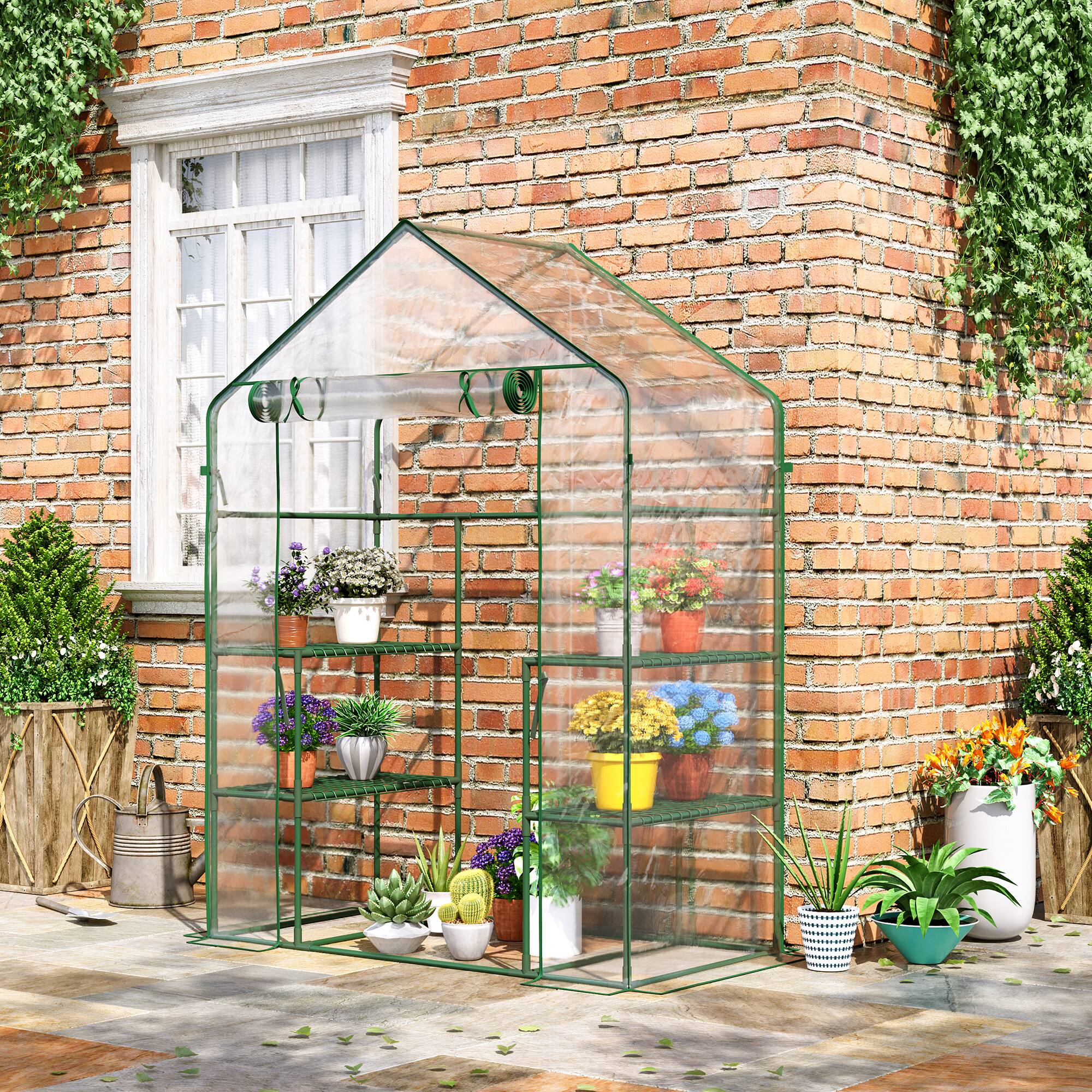 Alt View 1. Outsunny - 5' x 2.5' x 6.5' Mini Walk-in Greenhouse Kit, Portable Green House with 3 Tier Shelves, Roll-Up Door.