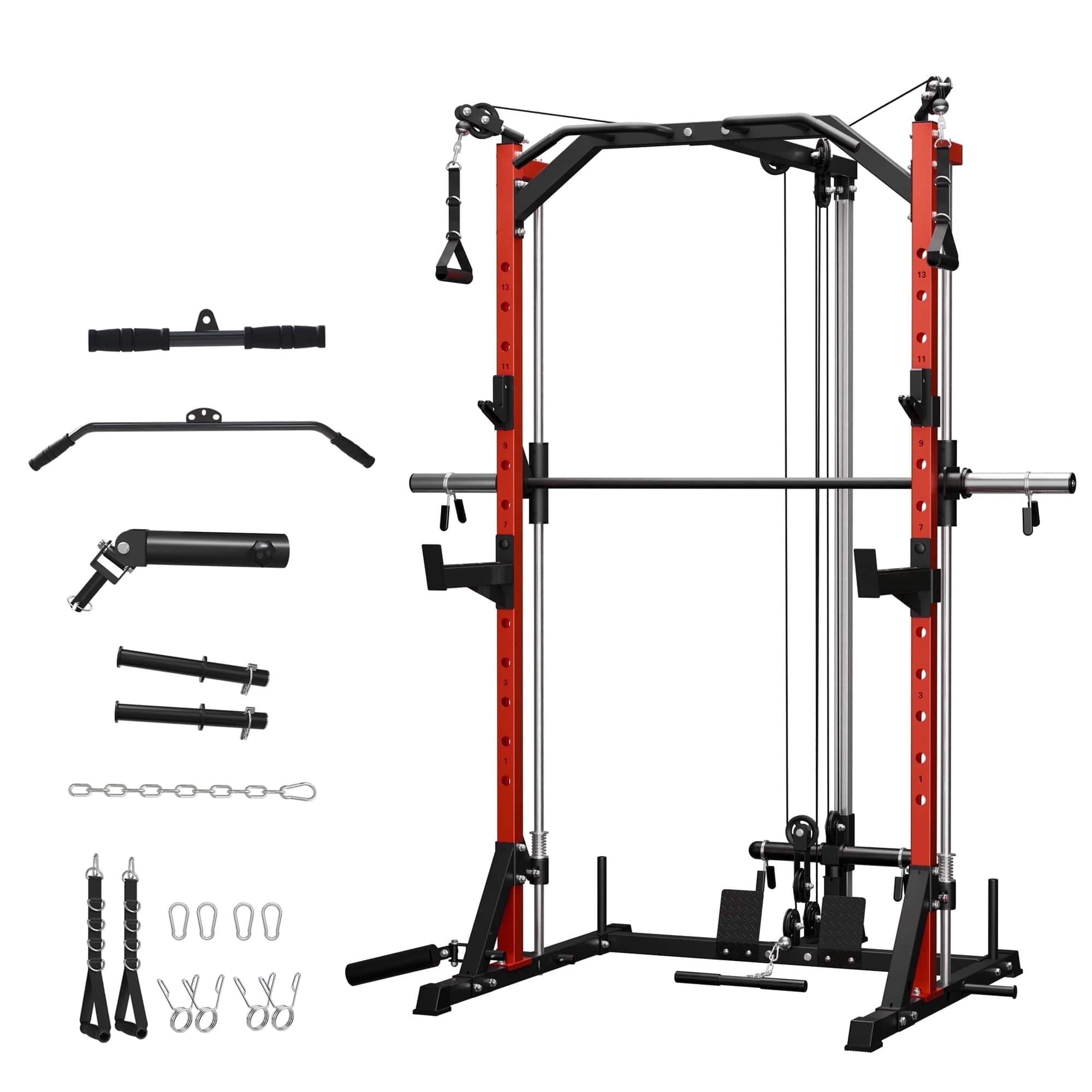 Mikolo - Smith Machine Home Gym, 1800 LBS Multi-Functional Squat Rack with Lat Pull Down System, Workout Station - Red