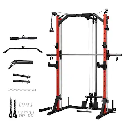 Front. Mikolo - Mikolo Smith Machine Home Gym, 1800 LBS Multi-Functional Squat Rack with Lat Pull Down System, Workout Station - Red.