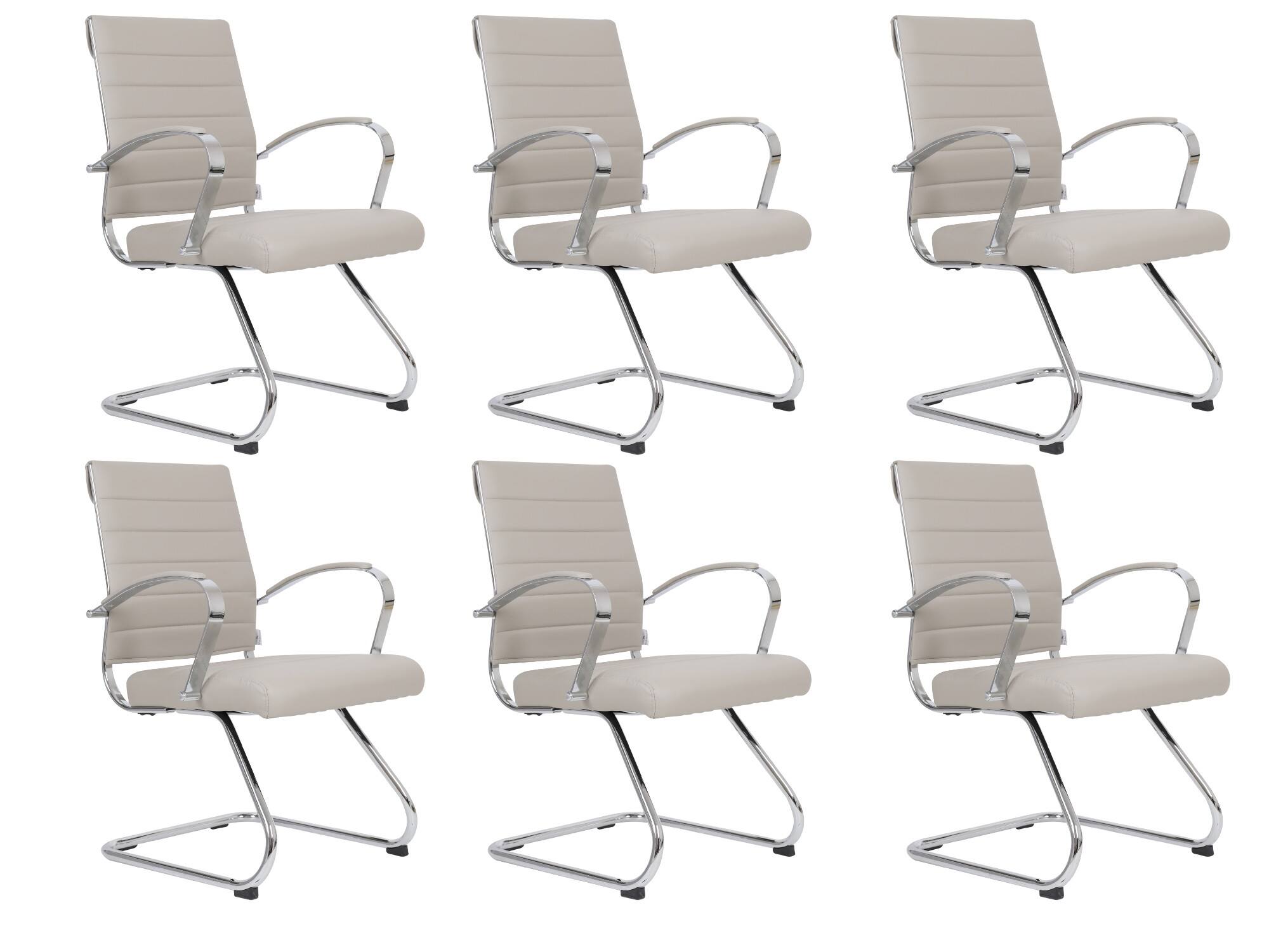 Front. LeisureMod - Set of 6 Benmar Modern Leather Upholstered Office Computer Chair with Chrome Frame and Sled Base for Home or Office - Tan.