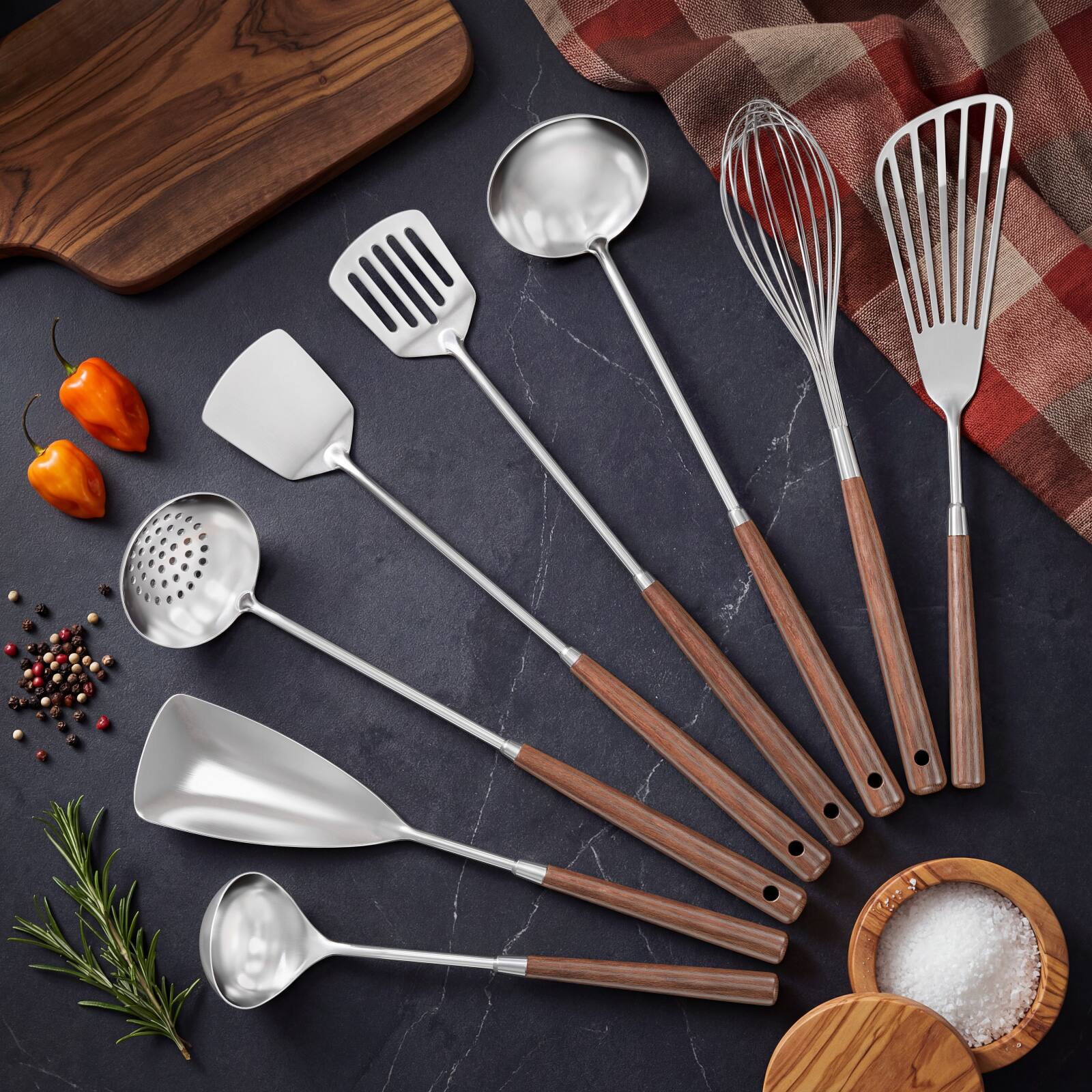 Alt View 6. Sugift - 8-Piece 304 Stainless Steel Cooking Utensil Set with Heat-Resistant Wooden Handles - Silver.