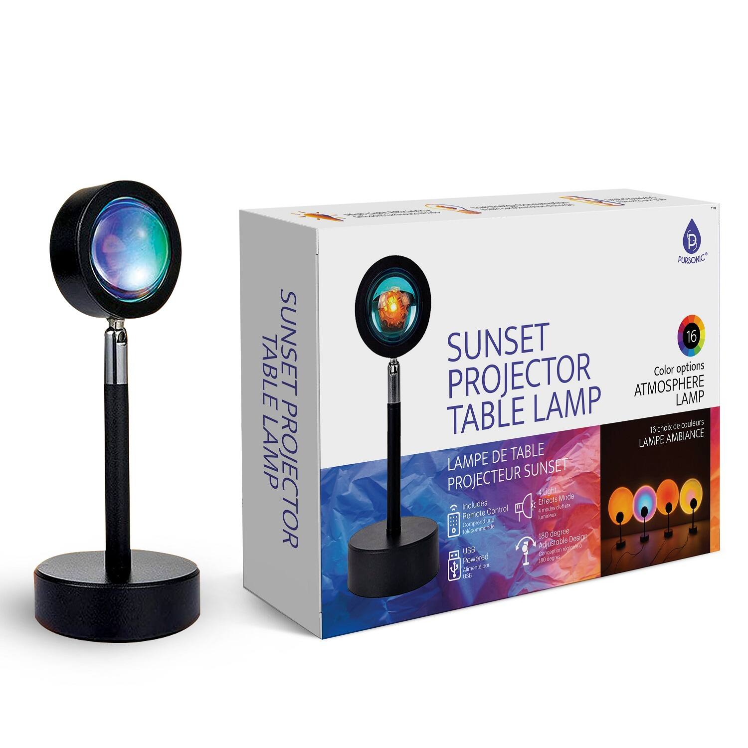 TABLE SUNSET LAMP PROJECTOR  
PURSONIC SUNSET 16  
Color options  
PROJECTOR LAMP  
ATMOSPHERE LAMP  
TABLE LAMP  
15 choir AMBIANCE de couleurs  
LAMPE DE TABLE  
LAMPE SUNSET  
PROJECTEUR  
Includes Control m Remote  
Comprond secuerge a degree 180  
Deuge US8  
Adumtble ae d  
Powered  
OD Ao  
9e
