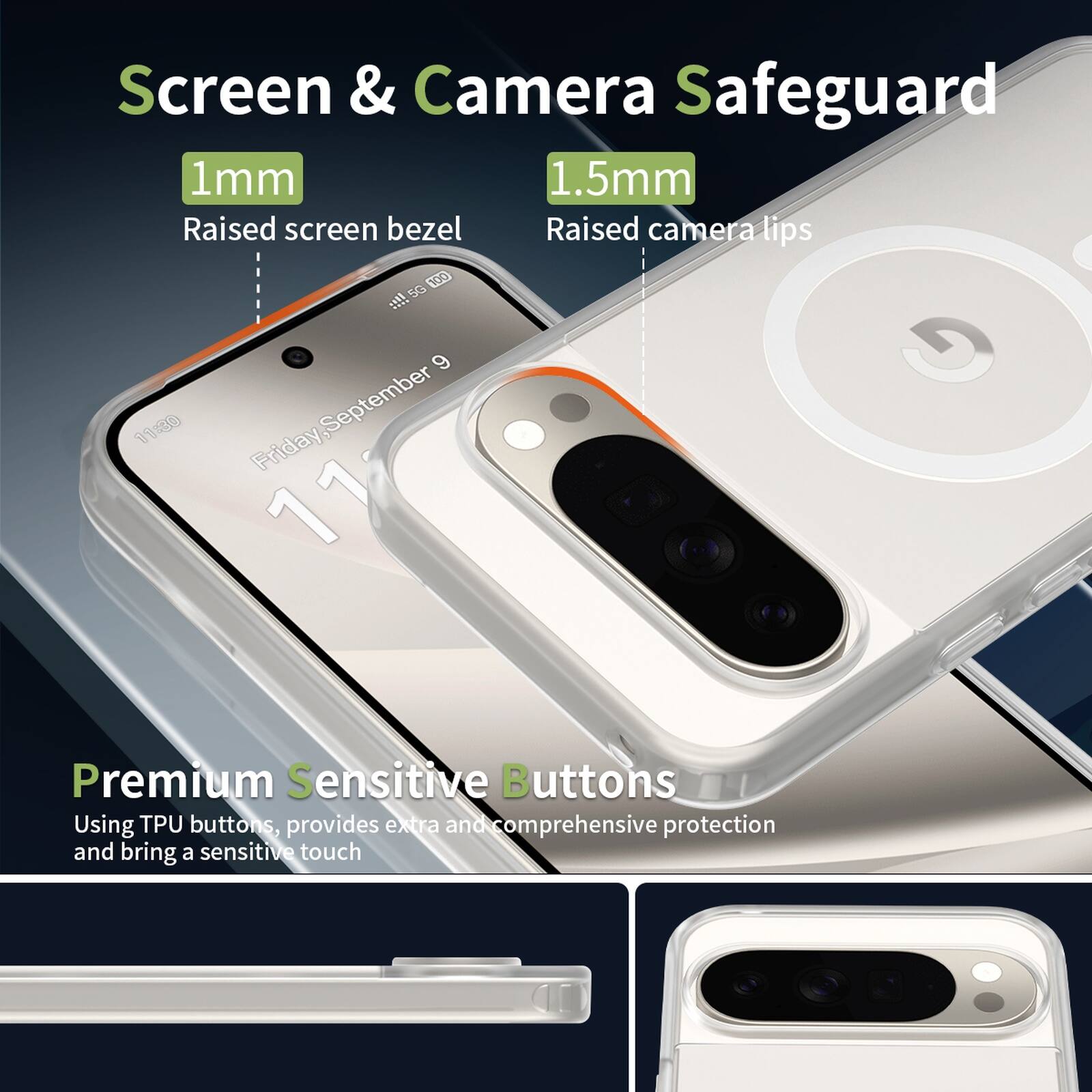 Screen & Camera Safeguard  
1mm Raised screen bezel  
1.5mm Raised camera lips  

Premium Sensitive Buttons  
Using TPU buttons, provides extra and comprehensive protection and bring a sensitive touch
