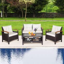 Gymax - 4PCS Patio Conversation Set Rattan Sofa Furniture Set w/ Cushions - Off White