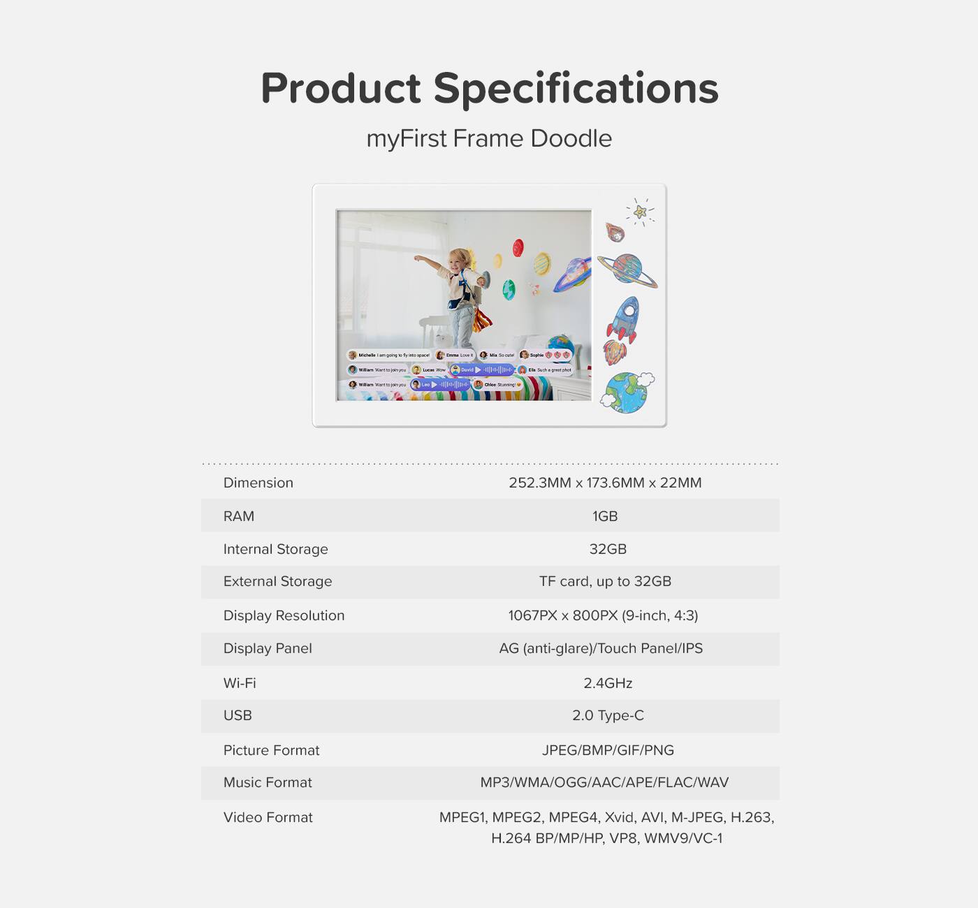 **Product Specifications**

**myFirst Frame Doodle**

- **Dimension:** 252.3MM x 173.6MM x 22MM
- **RAM:** 1GB
- **Internal Storage:** 32GB
- **External Storage:** TF card, up to 32GB
- **Display Resolution:** 1067PX x 800PX (9-inch, 4:3)
- **Display Panel:** AG (anti-glare)/Touch Panel/IPS
- **Wi-Fi:** 2.4GHz
- **USB:** 2.0 Type-C
- **Picture Format:** JPEG/BMP/GIF/PNG
- **Music Format:** MP3/WMA/OGG/AAC/APE/FLAC/WAV
- **Video Format:** MPEG1, MPEG2, MPEG4, Xvid, AVI, M-JPEG, H.263, H.264 BP/MP/HP, VP8, WMV9/VC-1