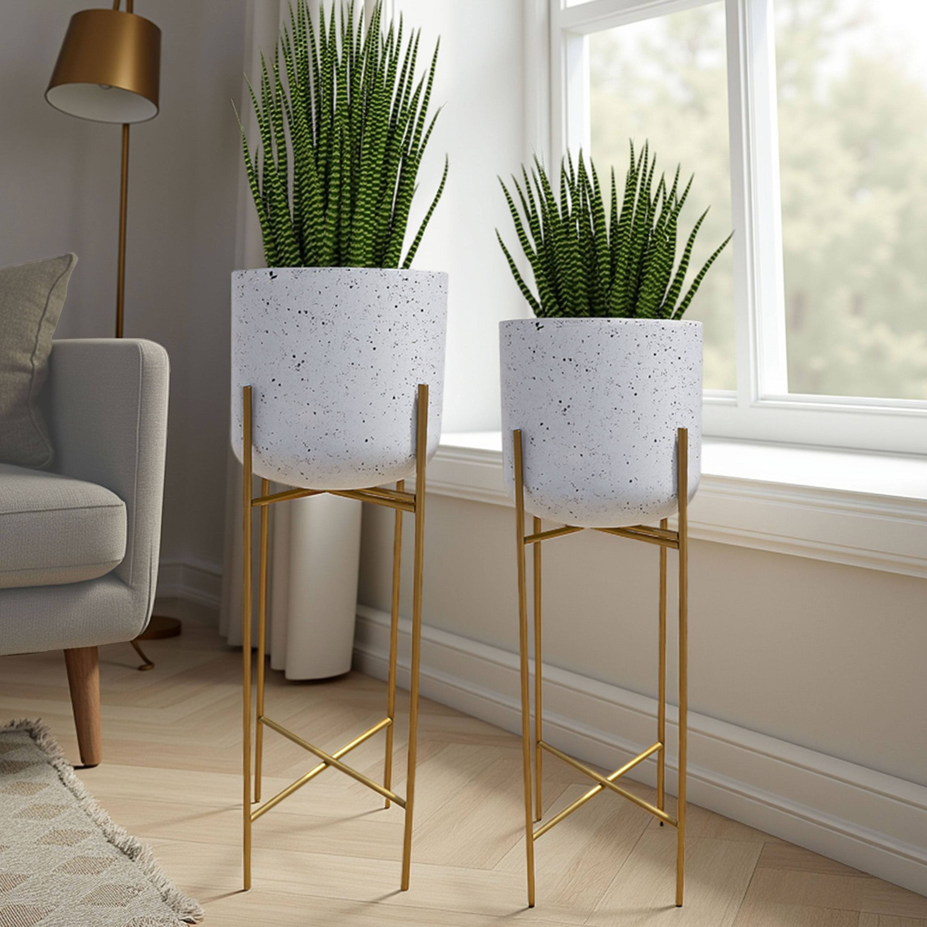 Alt View 5. Manhattan Lane - Aira Set of 2 Planters | 20, 22" Tall | Gold Foldable Metal Stand | White Speckled Pattern.