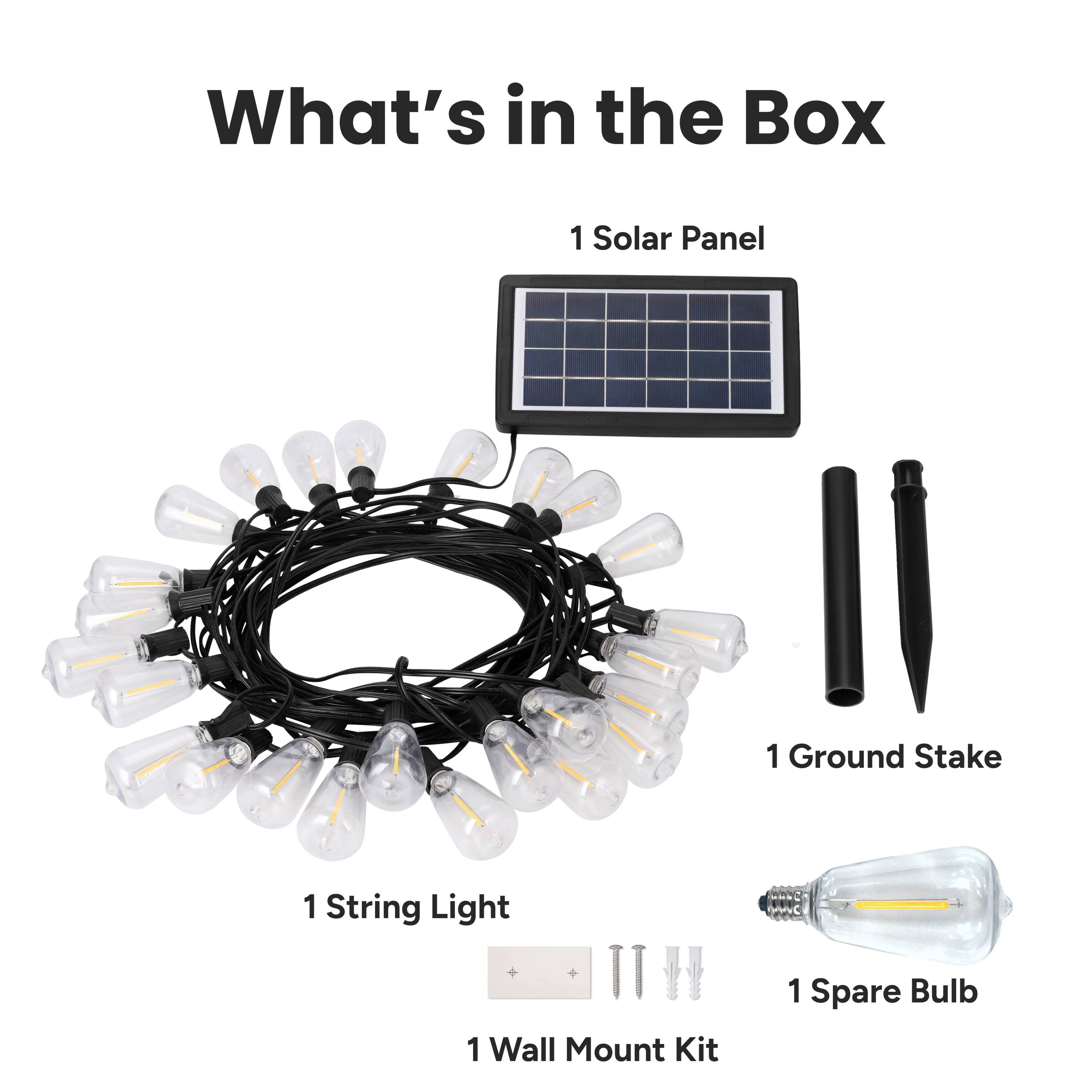 What's in the Box
1 Solar Panel
1 Ground Stake
1 String Light
1 Wall Mount Kit
1 Spare Bulb
