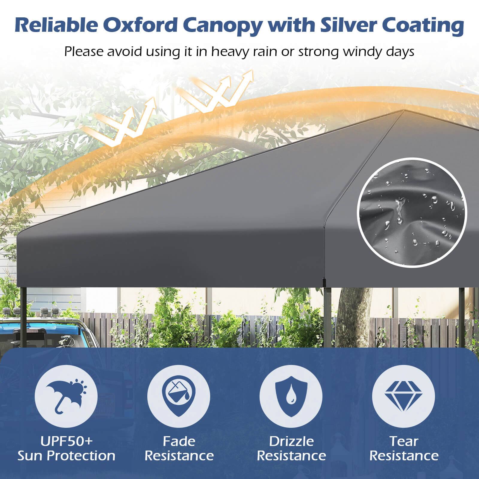 Reliable Oxford Canopy with Silver Coating  
Please avoid using it in heavy rain or strong windy days  

UPF50+ Sun Protection  
Fade Resistance  
Drizzle Resistance  
Tear Resistance