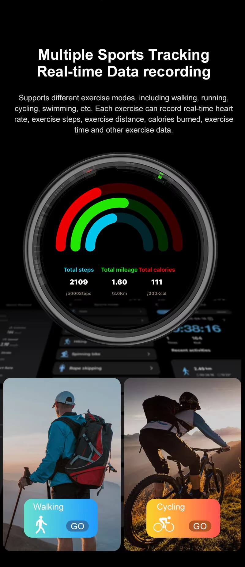 Multiple Sports Tracking  
Real-time Data recording  

Supports different exercise modes, including walking, running, cycling, swimming, etc. Each exercise can record real-time heart rate, exercise steps, exercise distance, calories burned, exercise time and other exercise data.  

Total steps: 2109 / 5000  
Total mileage: 1.60 Km  
Total calories: 111 / 300 Kcal  
Time: 0:38:16  

Walking GO  
Cycling GO