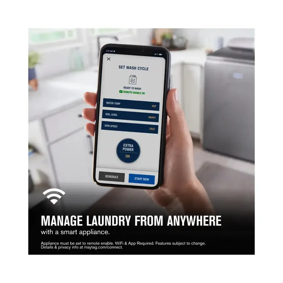 Manage Laundry from Anywhere with a Smart Appliance. Appliance must be set to remote enable. WiFi & App Required. Features subject to change. Details & privacy info at maytag.com/connect.