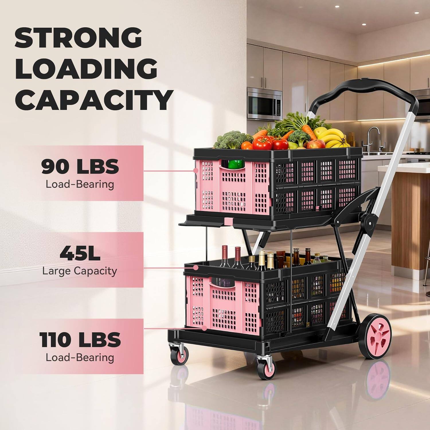 STRONG LOADING CAPACITY

90 LBS Load-Bearing

45L Large Capacity

110 LBS Load-Bearing