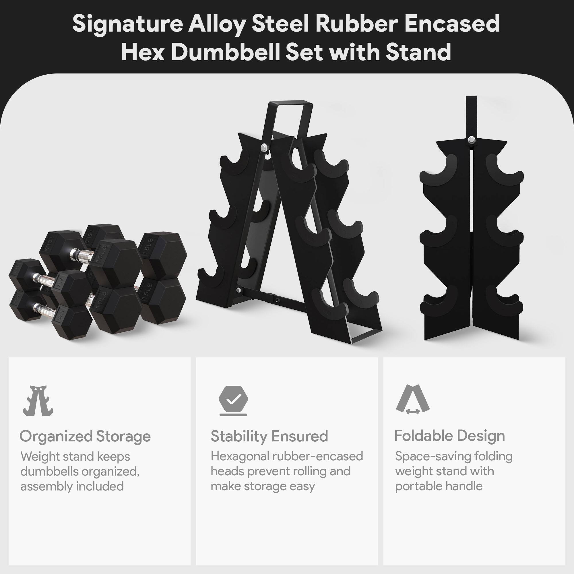 Signature Alloy Steel Rubber Encased Hex Dumbbell Set with Stand

- Organized Storage
  - Weight stand keeps dumbbells organized, assembly included

- Stability Ensured
  - Hexagonal rubber-encased heads prevent rolling and make storage easy

- Foldable Design
  - Space-saving folding weight stand with portable handle