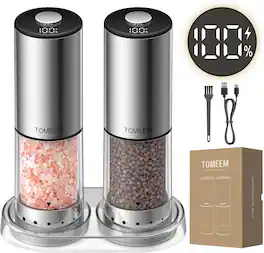 Tomeem - Rechargeable Electric Salt and Pepper Grinder Set, Battery Display - Transparent Base