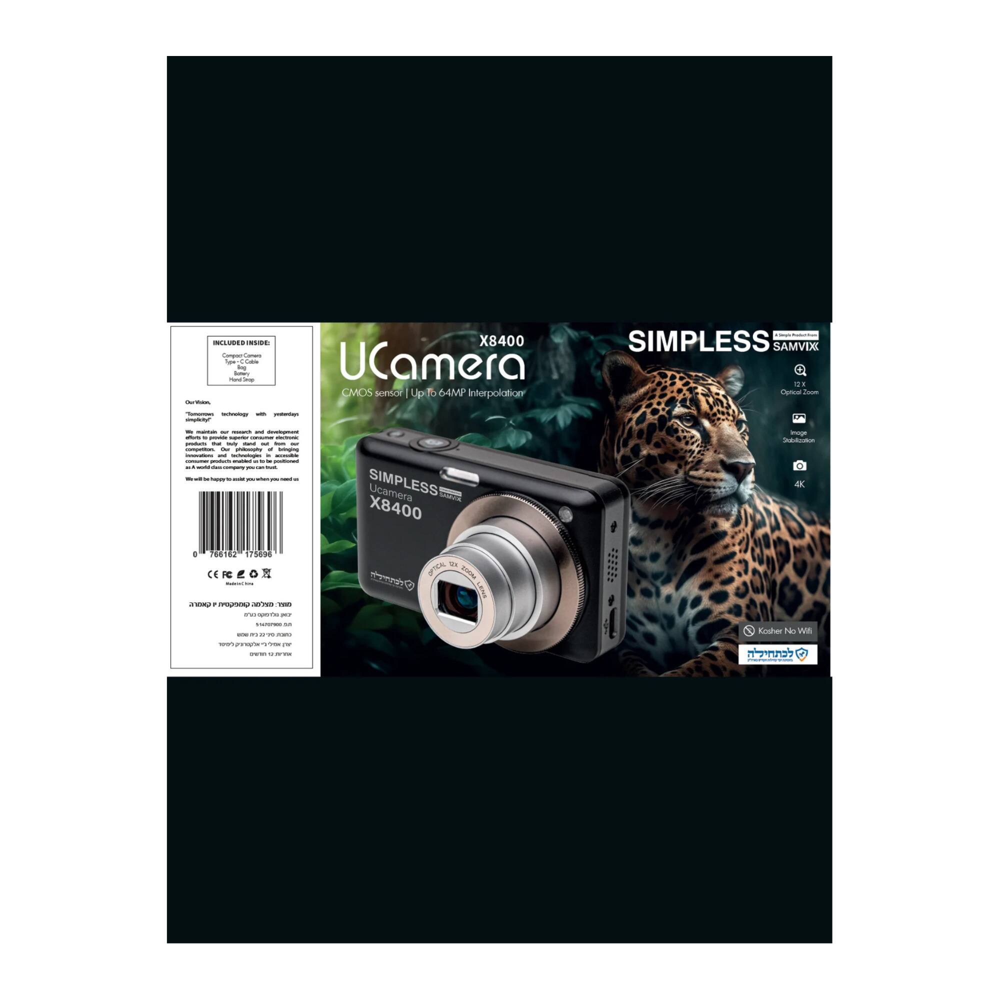 Sure, here is the corrected and grouped text from the image:

---

**SIMPLESS SAMVIX**

**UCamera X8400**

**CMOS sensor | Up to 64MP Interpolation**

**INCLUDED INSIDE**
- Camera
- Camera Mount
- USB Cable
- User Manual

**Our Vision**
We are committed to our mission and development of technology with a vision to provide the best possible experience for our customers. We strive to deliver high-quality products that meet the needs of our customers and exceed their expectations. We are dedicated to providing excellent customer service and support to ensure that our customers are satisfied with their purchase.

**Technical Specifications**
- Sensor: CMOS
- Interpolation: Up to 64MP
- Image Size: 12 MP
- Image Format: JPEG
- Video Resolution: 4K
- Connectivity: Wi-Fi
- Battery: Rechargeable

**CE**

**Kasher No Will**

**SIMPLESS UCAMERA X8400**

**400**

**12 MP**

**4K**

**Wi-Fi**

**SIMPLESS UCAMERA X8400**

**CMOS sensor | Up to 64MP Interpolation**

**SIM