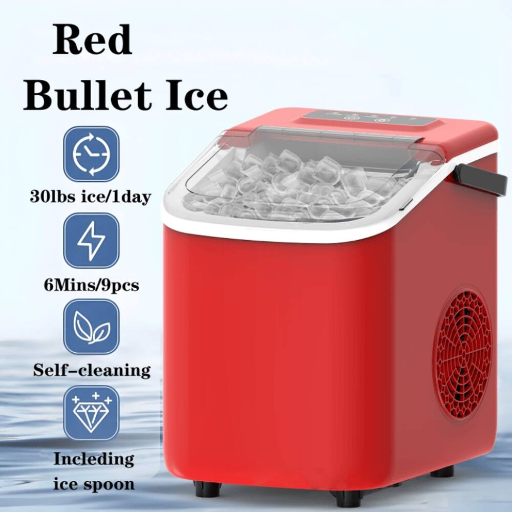 Red Bullet Ice  
30lbs ice/1day  
6Mins/9pcs  
Self-cleaning  
Including ice spoon