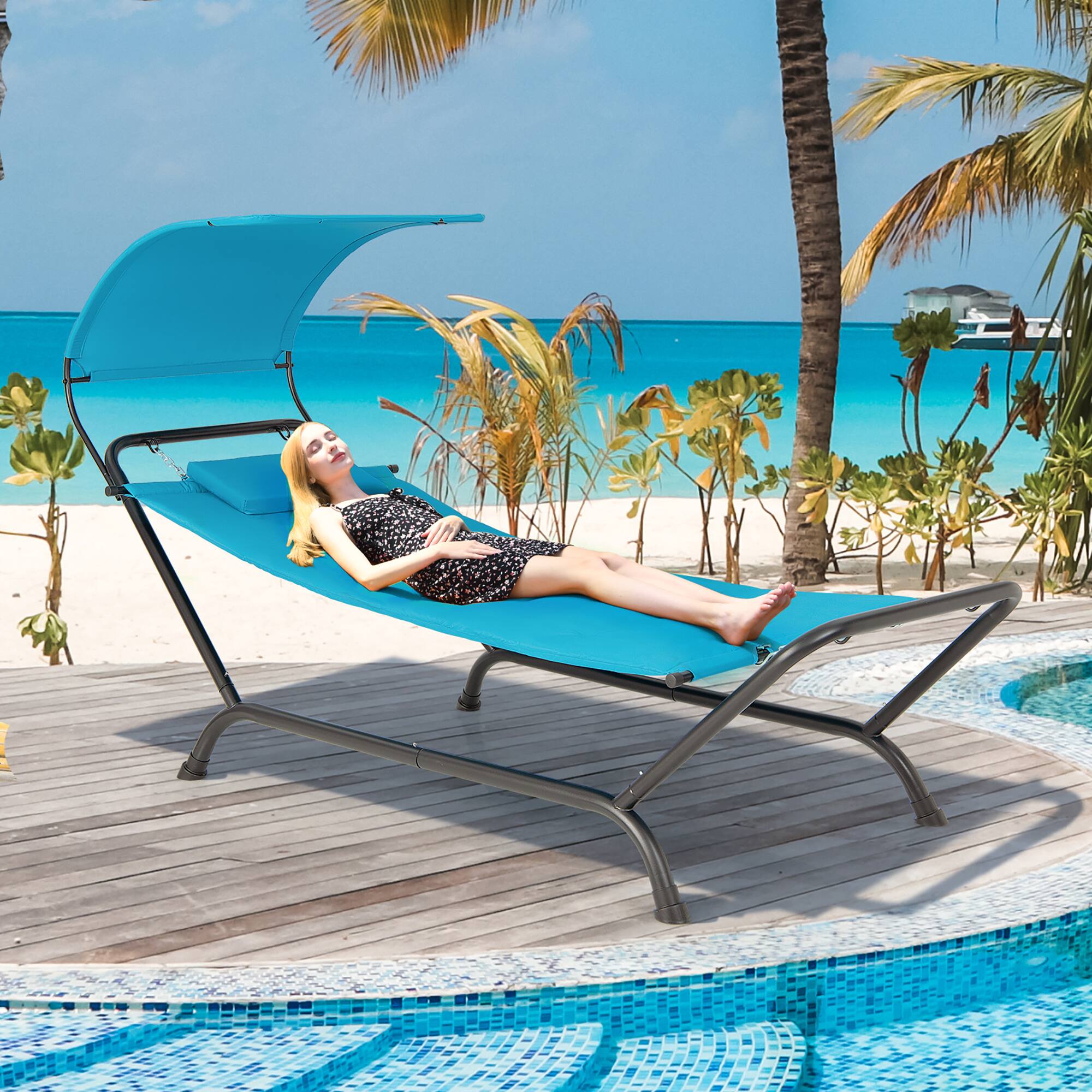 Alt View 3. Costway - Costway Patio Hanging Chaise Lounge Chair with Canopy, Cushion, Pillow & Storage Bag - Blue.