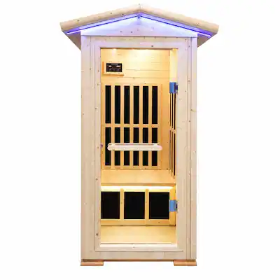 Front. RYHNUYNE - Single Person Spruce Far Infrared Sauna, 900 x 900 x 2070 mm, 7 Heating Plates, Bluetooth Music Player, 1550W - Natural.