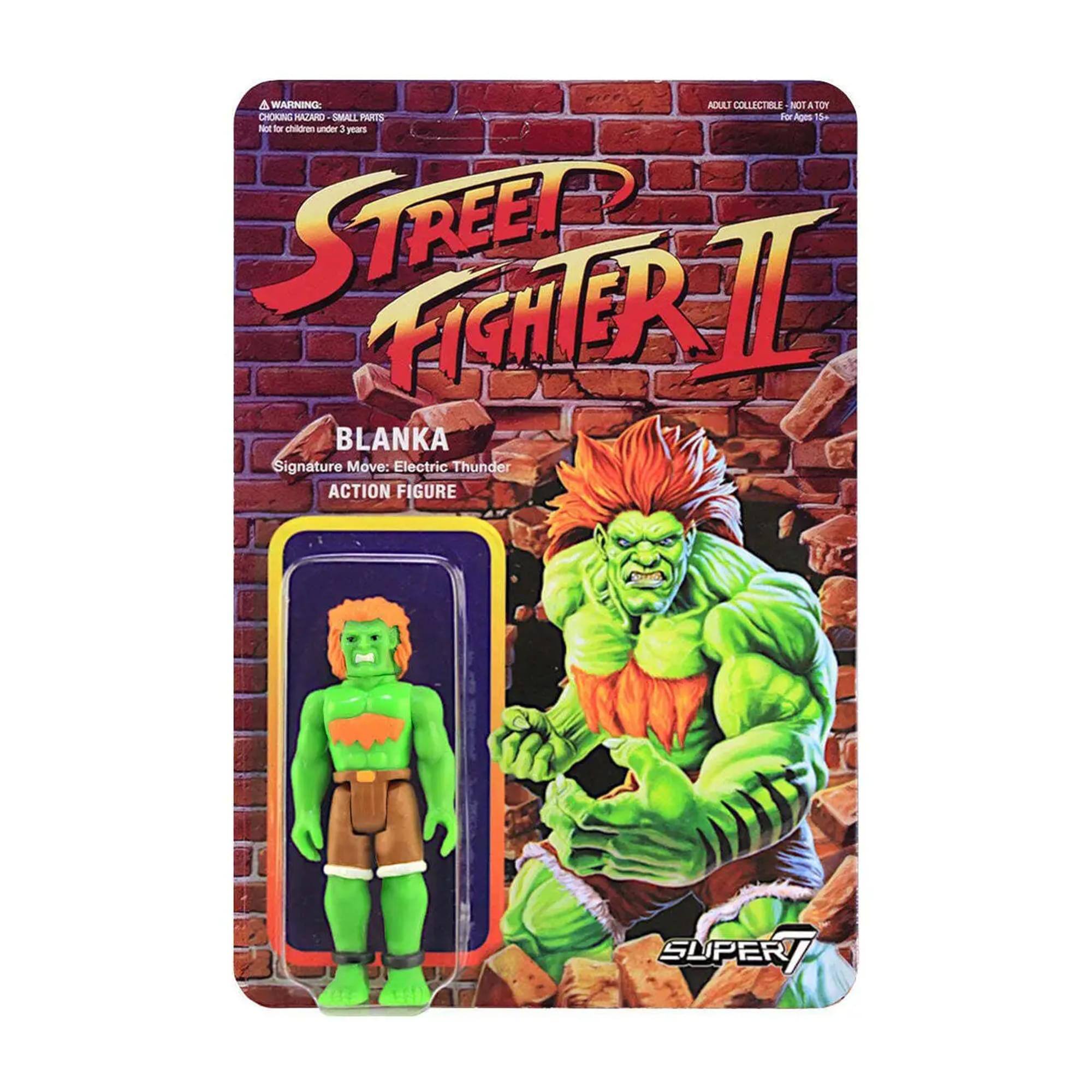 WARNING: ADULT COLLECTIBLE - NOT A TOY  
CHOKING HAZARD - SMALL PARTS  
Not for children under 3 years  

STREET FIGHTER II  

BLANKA  
Signature Move: Electric Thunder  
ACTION FIGURE  

SUPER 7