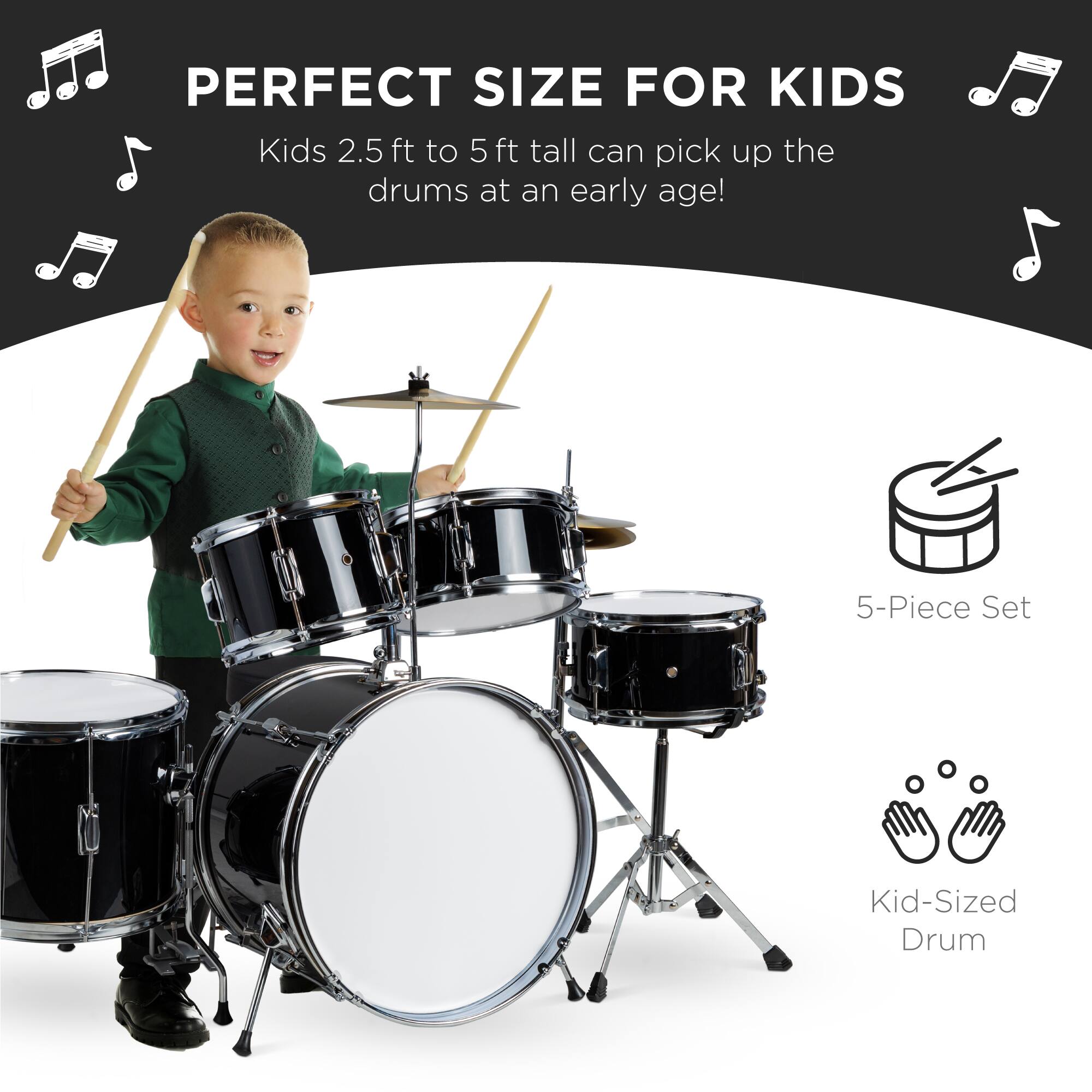 Perfect Size for Kids: Kids 2.5 ft to 5 ft tall can pick up the drums at an early age! 5-Piece Set Kid-Sized Drum.