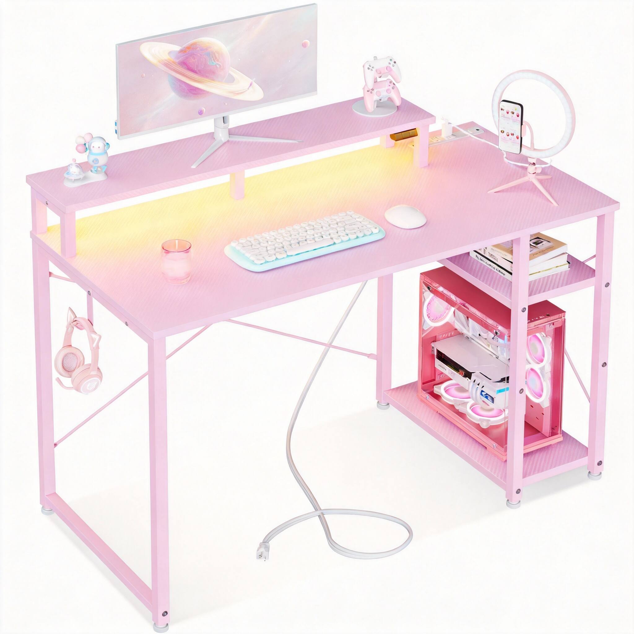 Front. Frangdom - 40Inch 16color Gaming Desk LED Storage Reversible Monitor Stand Carbon Fiber - Pink, 40Inch 16color 1shelf.
