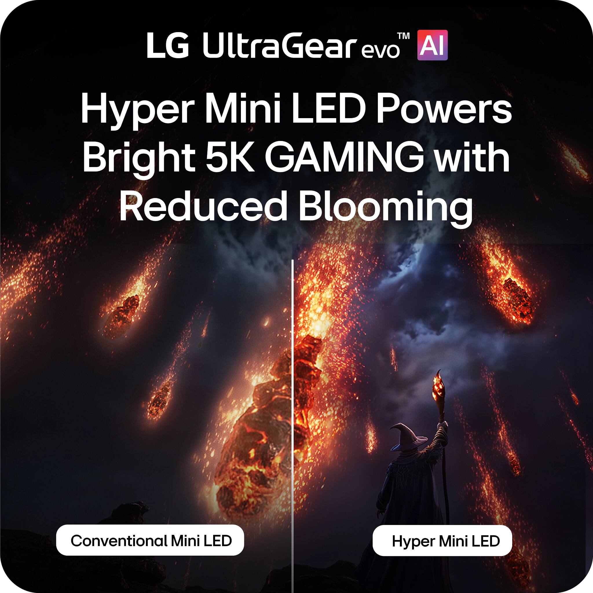LG UltraGear evo AI  
Hyper Mini LED Powers Bright 5K GAMING with Reduced Blooming  

Conventional Mini LED  
Hyper Mini LED