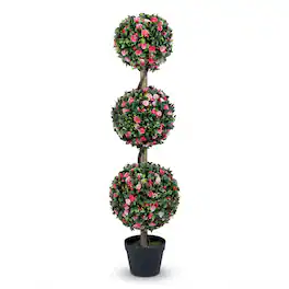 Costway - 1 PCS 43.5" Artificial Triple Ball Rose Topiary Tree with Lifelike Blooms & Green Leaves - Green & Pink & Black