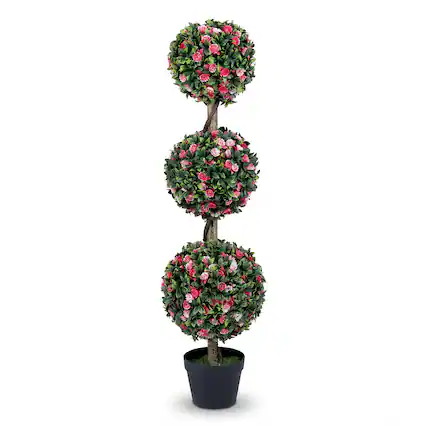 Front. Costway - Costway 1 PCS 43.5" Artificial Triple Ball Rose Topiary Tree with Lifelike Blooms & Green Leaves - Green & Pink & Black.