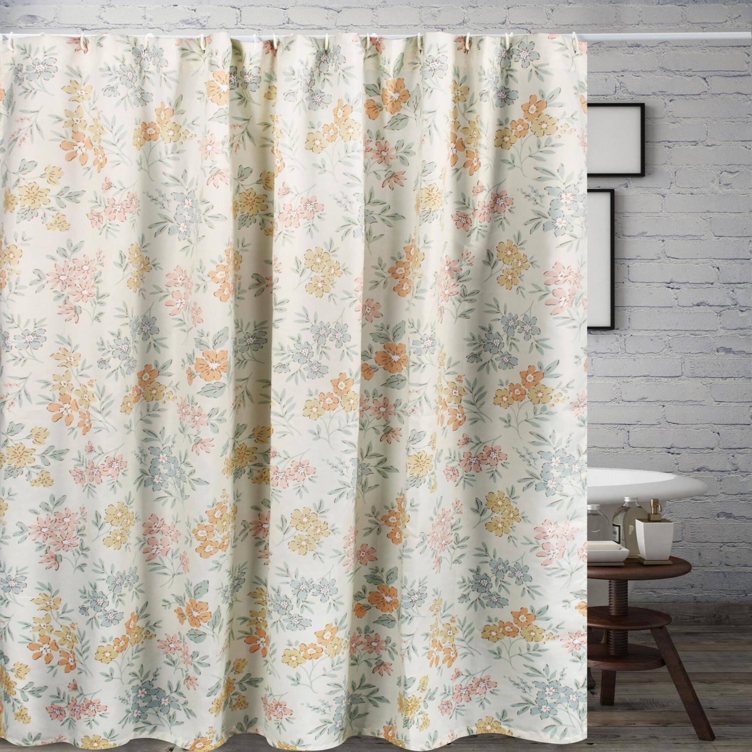 Left. Greenland Home Fashions - Greenland Home Fashions Chloe Floral Print 12 Buttonholes Bath Shower Curtain 72" x 72" Pastel - Pastel.