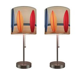 Zeckos - Set of 2 Stainless Steel Table Lamps w/ Decorative Surfboard Shades - Multicolored