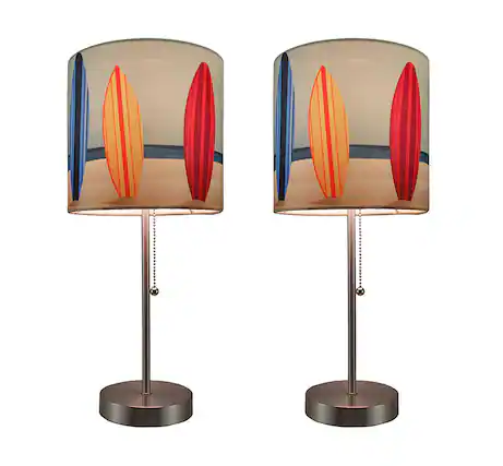 Front. Zeckos - Set of 2 Stainless Steel Table Lamps w/ Decorative Surfboard Shades - Multicolored.