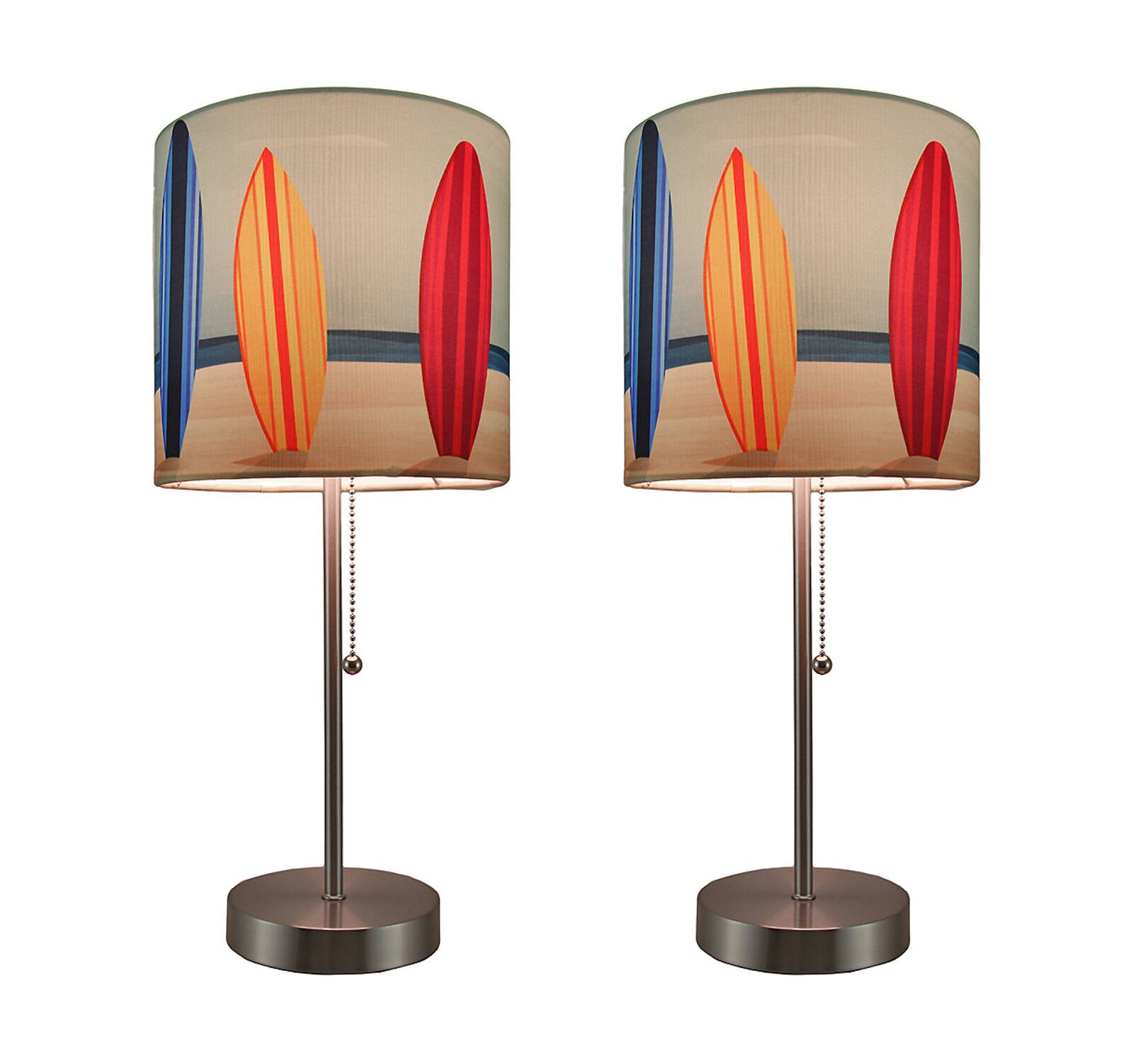 Front. Zeckos - Set of 2 Stainless Steel Table Lamps w/ Decorative Surfboard Shades - Multicolored.