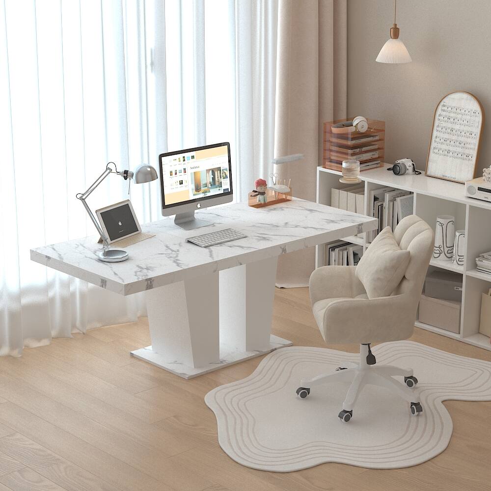 Alt View 5. Tiramisubest - Modern Extendable Dining Table for 4-10, White Faux Marble Wooden Rectangle Table with Dual Column Pedestal Base - White Marble.