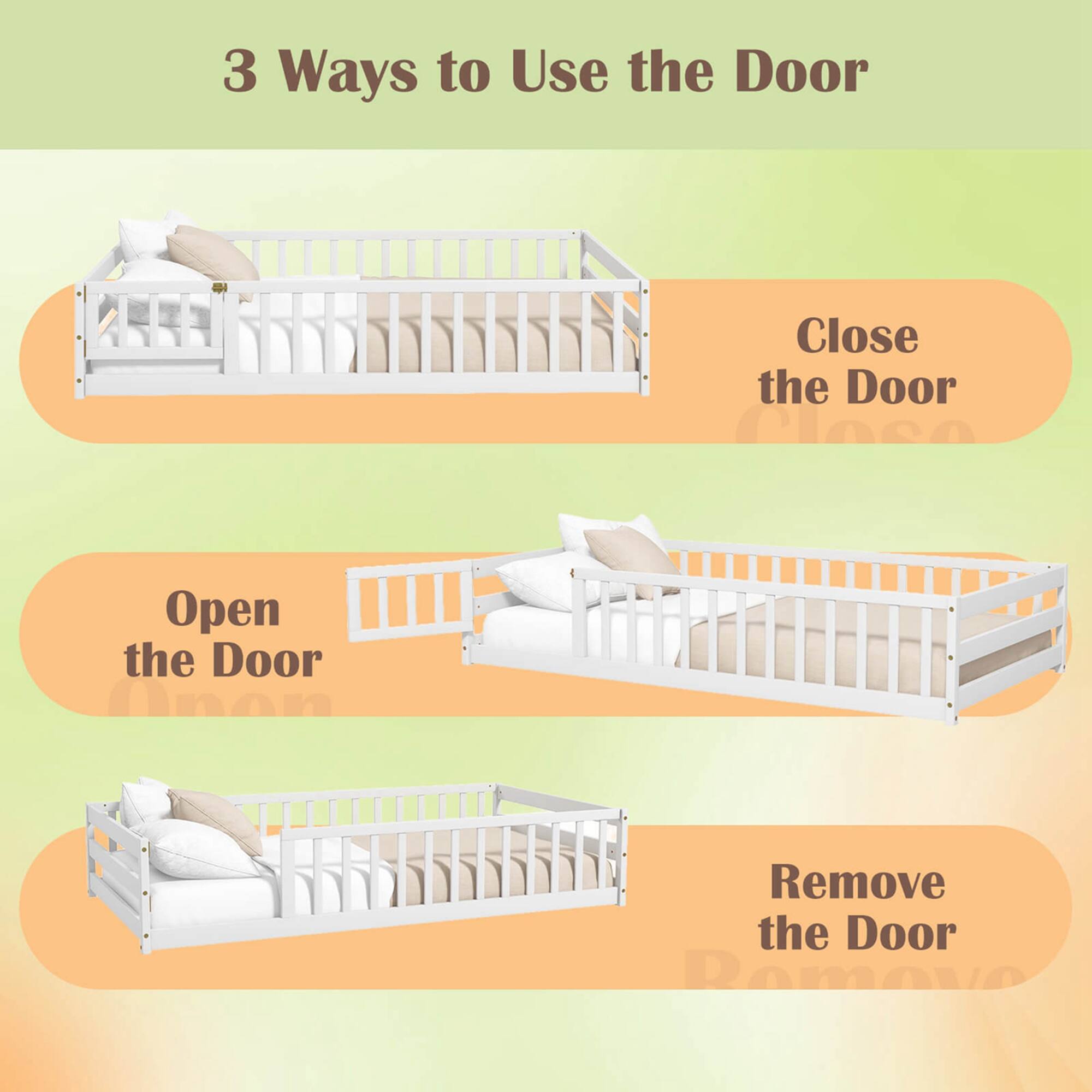 3 Ways to Use the Door:

1. Close the Door:
2. Open the Door:
3. Remove the Door: