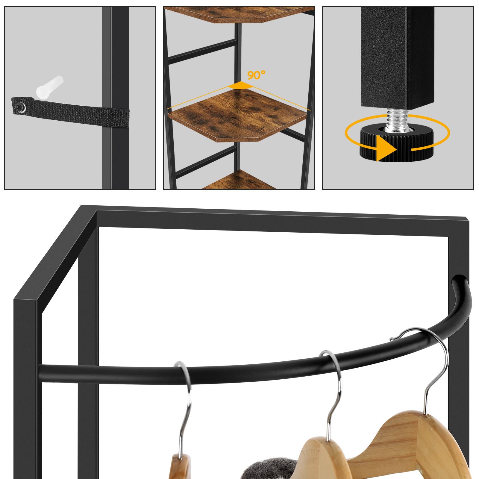 Back. Oumilen - Corner Hall Tree – 3‑Tier Corner Coat Rack with Storage Shelves, Industrial Organizer for Entryway - Brown.
