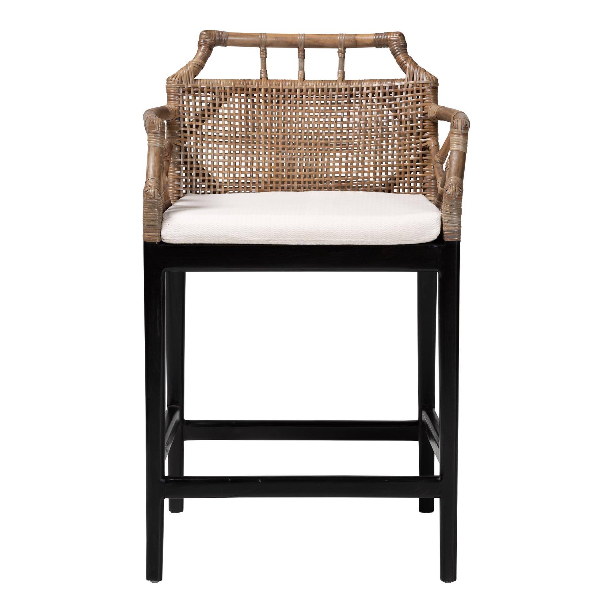 Angle. bali & pari - Abiel Natural Rattan Counter Stool with Arms and Removable Cushion – Handwoven Wicker Stool with Mahogany Wood Frame - Greywash/Black.