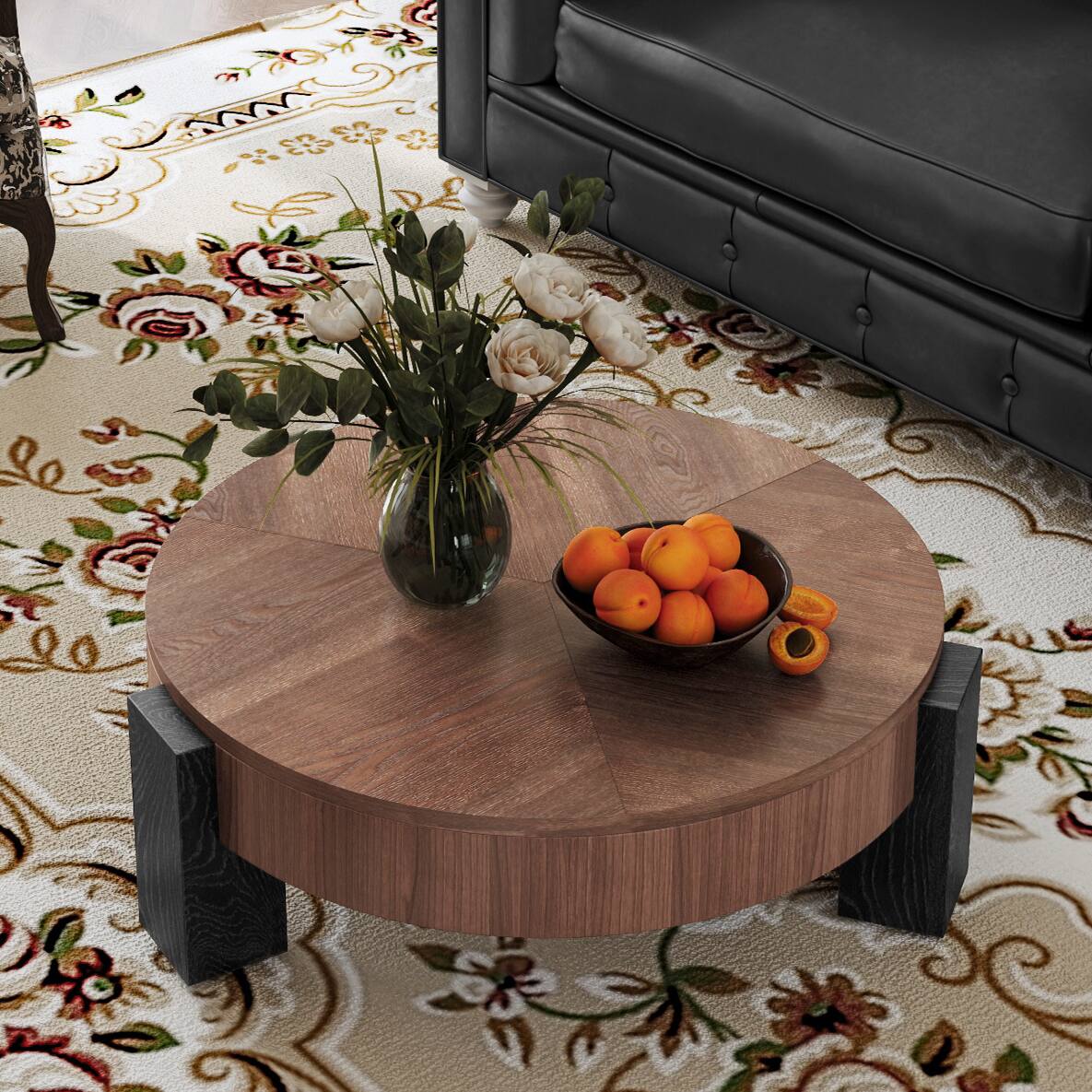 Alt View 1. Loheer - Loheer 33 Inch Round Coffee Table with Hidden Storage Wabi Sabi Wood Parquet Center Accent Table Walnut and Black - Walnut+black.
