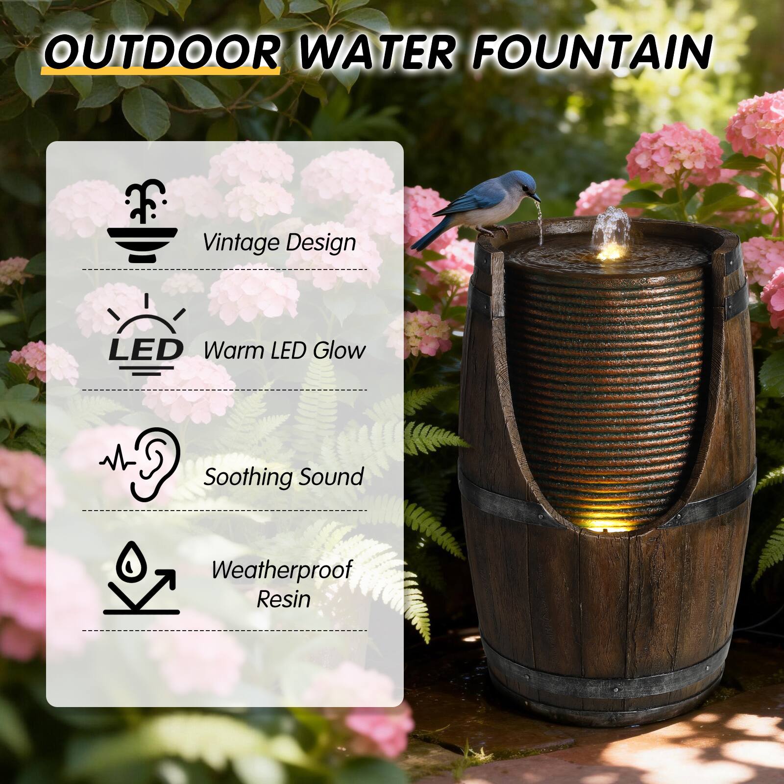 OUTDOOR WATER FOUNTAIN

- Vintage Design
- Warm LED Glow
- Soothing Sound
- Weatherproof Resin